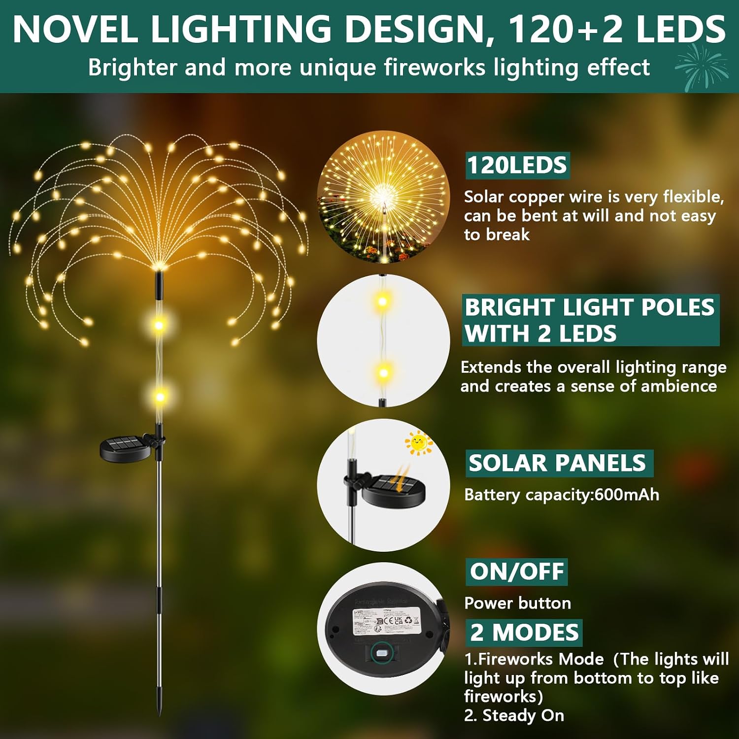 Detalle 2 de Solarleuchten für Außen Garten (2 Stück) mit 122 LEDs und 2 Höhenoptionen 82/102 cm – IP65