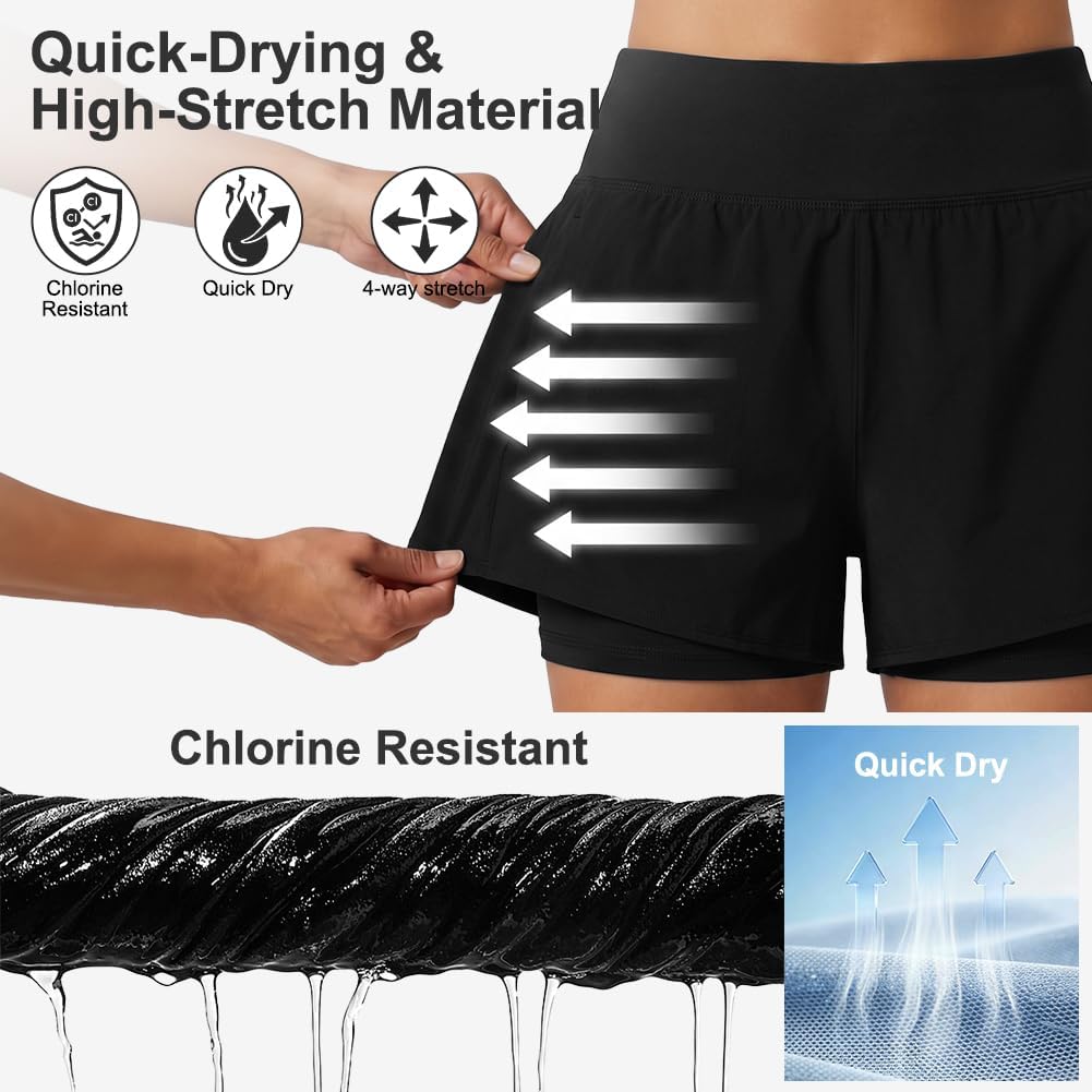 Thumbnail 5 de Aolso Short de Bain Femme - Boardshort Taille Haute à Séchage Rapide, Noir