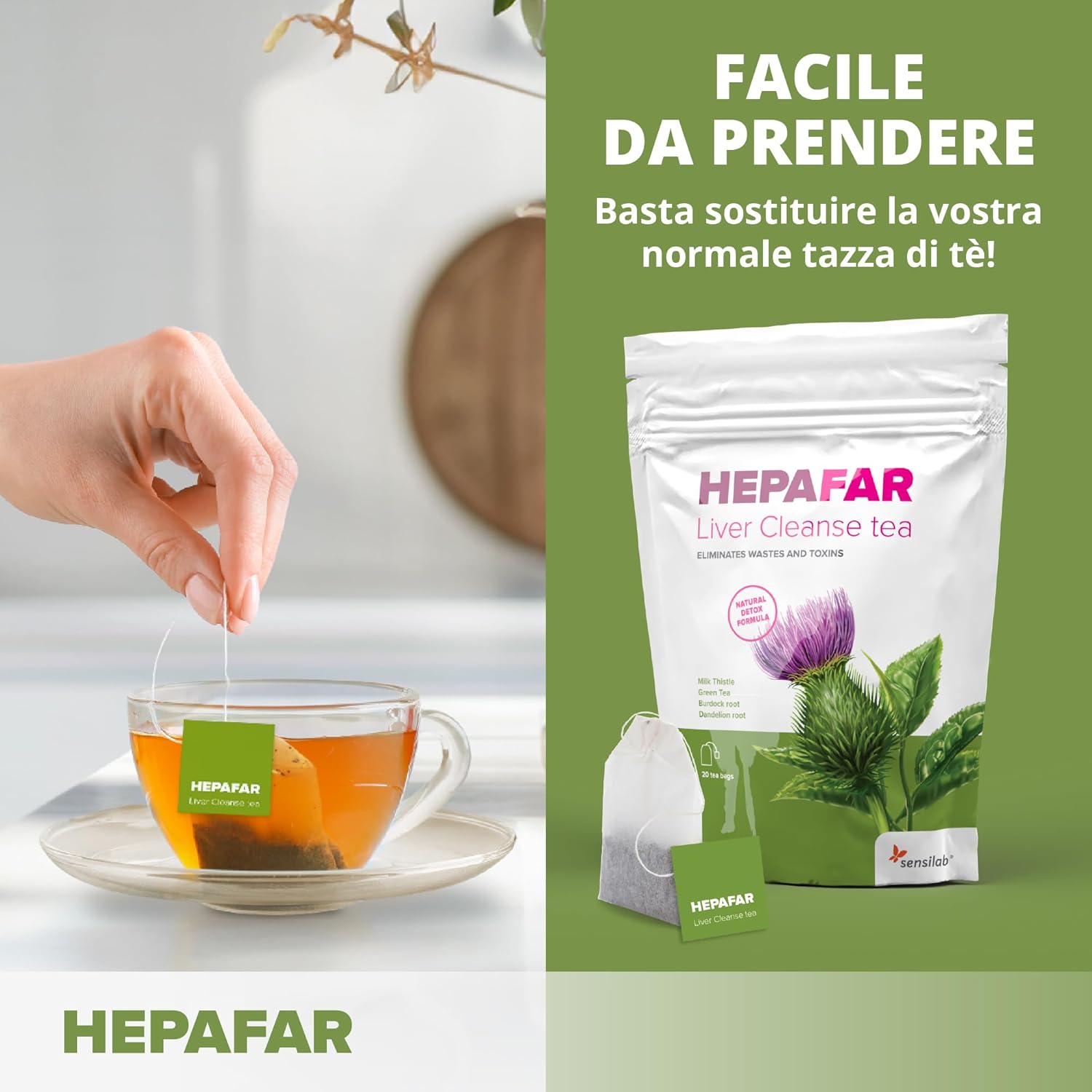 Thumbnail 4 de Sensilab Hepafar Liver Cleanse – Tisana depurativa con cardo mariano, tè verde, bardana e dente di leone, 80 bustine