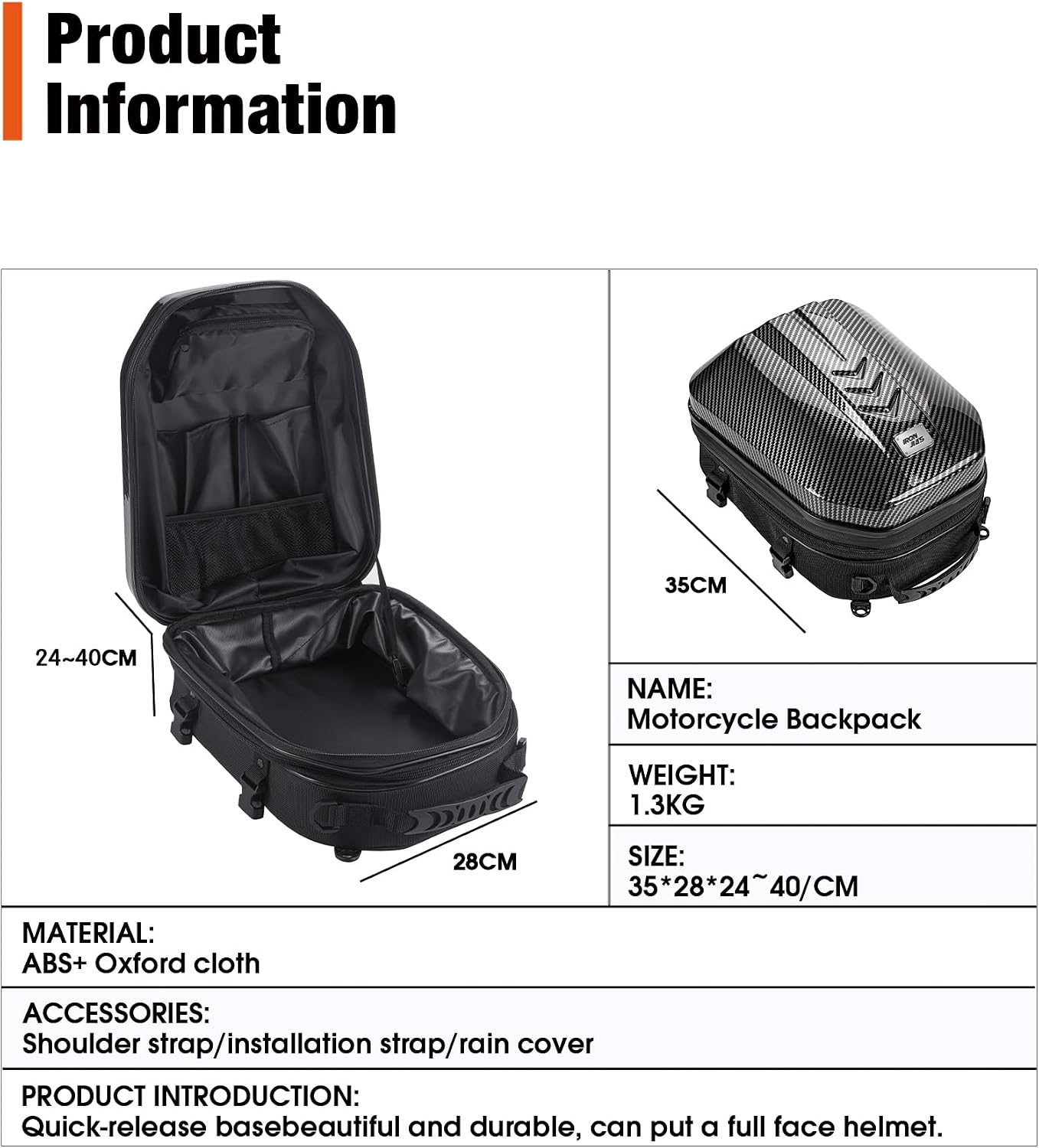 Thumbnail 4 de Grapelet borsa posteriore impermeabile per moto con capacità espandibile 24L–35L e guscio rigido ABS