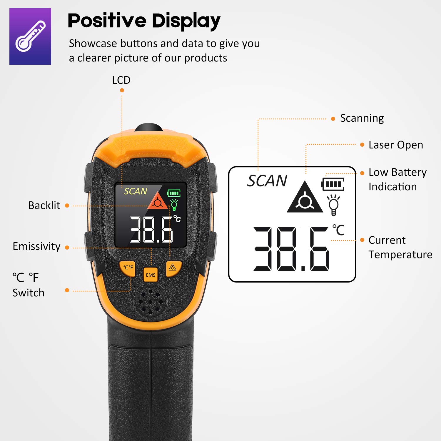 Thumbnail 1 de Infrared Thermometer (Non-Contact IR Temp Gun) with Adjustable Emissivity + Meat Thermometer -50°C to 600°C
