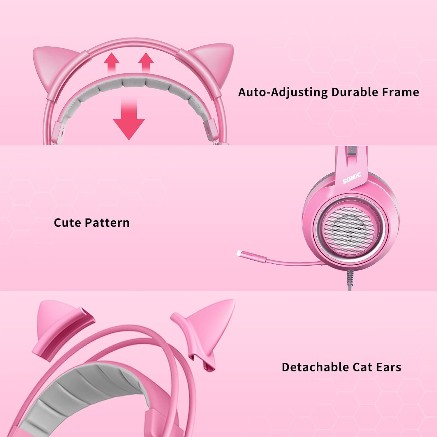 Detalle de Somic G951S Rosa Gaming-Headset mit Mikrofon und Katzenohren (3,5-mm-Kabel)