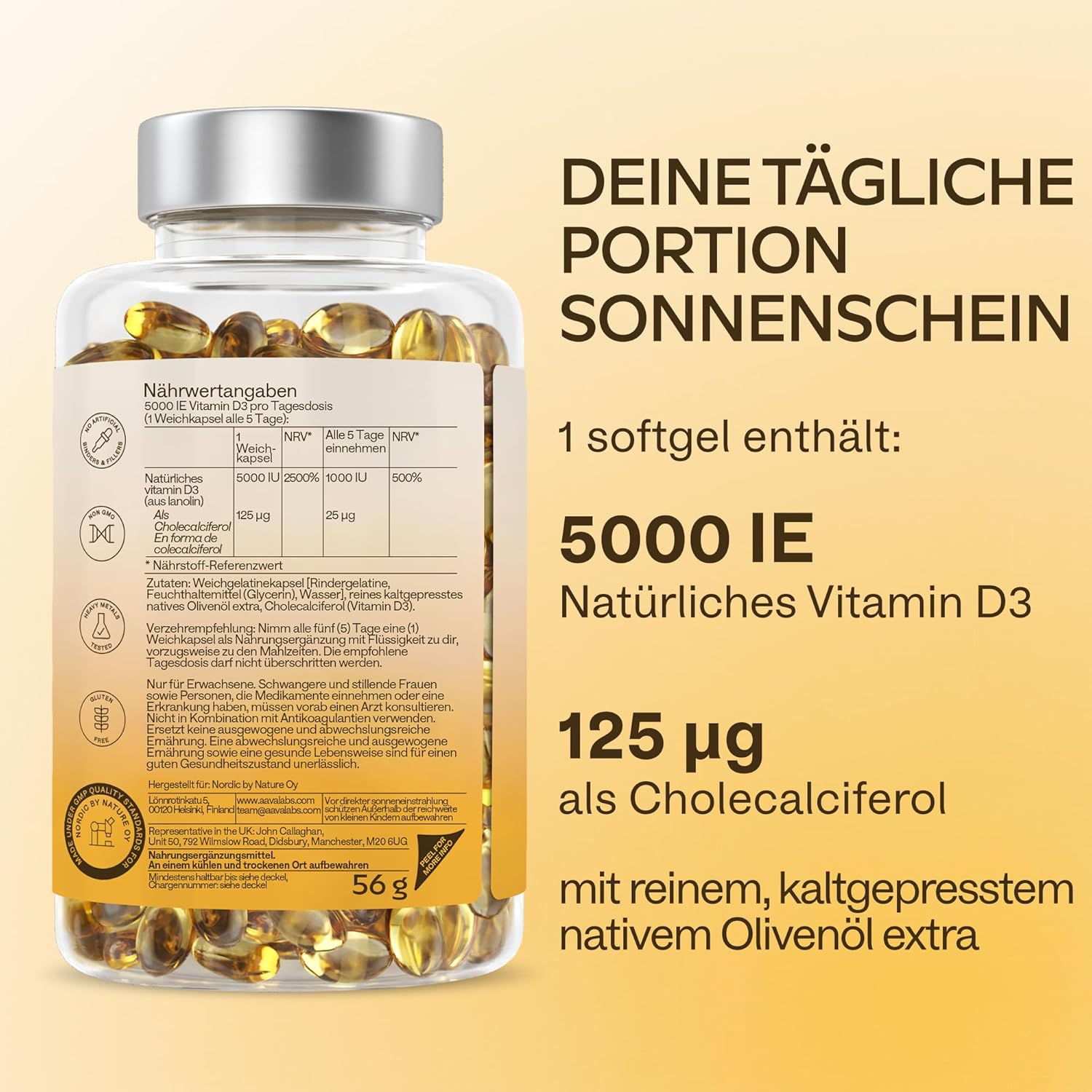 Detalle de Vitamin D3 Hochdosiert Depot 5.000 IU (365 Kapseln) – D3 mit nativem Olivenöl extra und kaltgepresstem Extra-Virgin