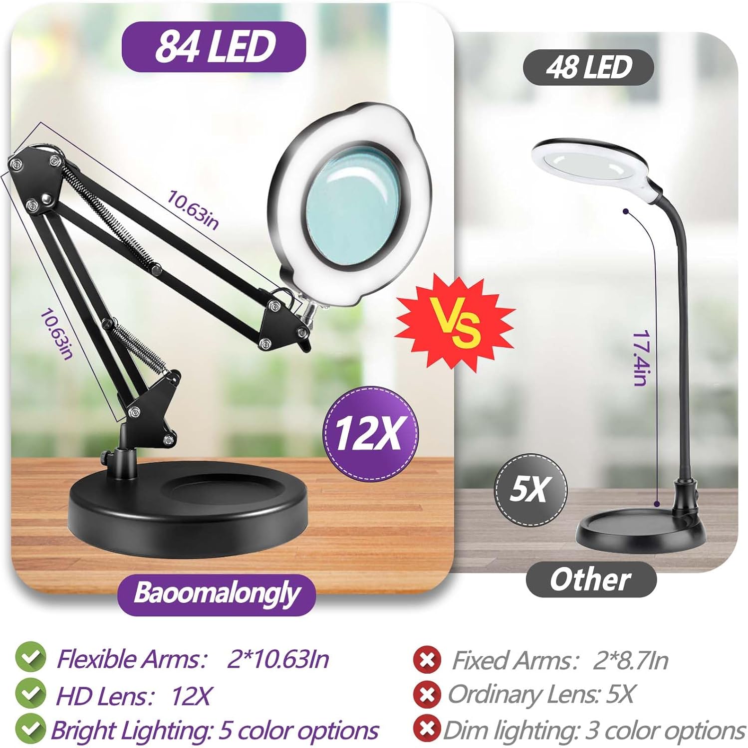 Thumbnail 5 de 12x Magnifying Glass with Light & Stand/Clamp (84 LED) – 4.3-inch real glass lens, adjustable arm