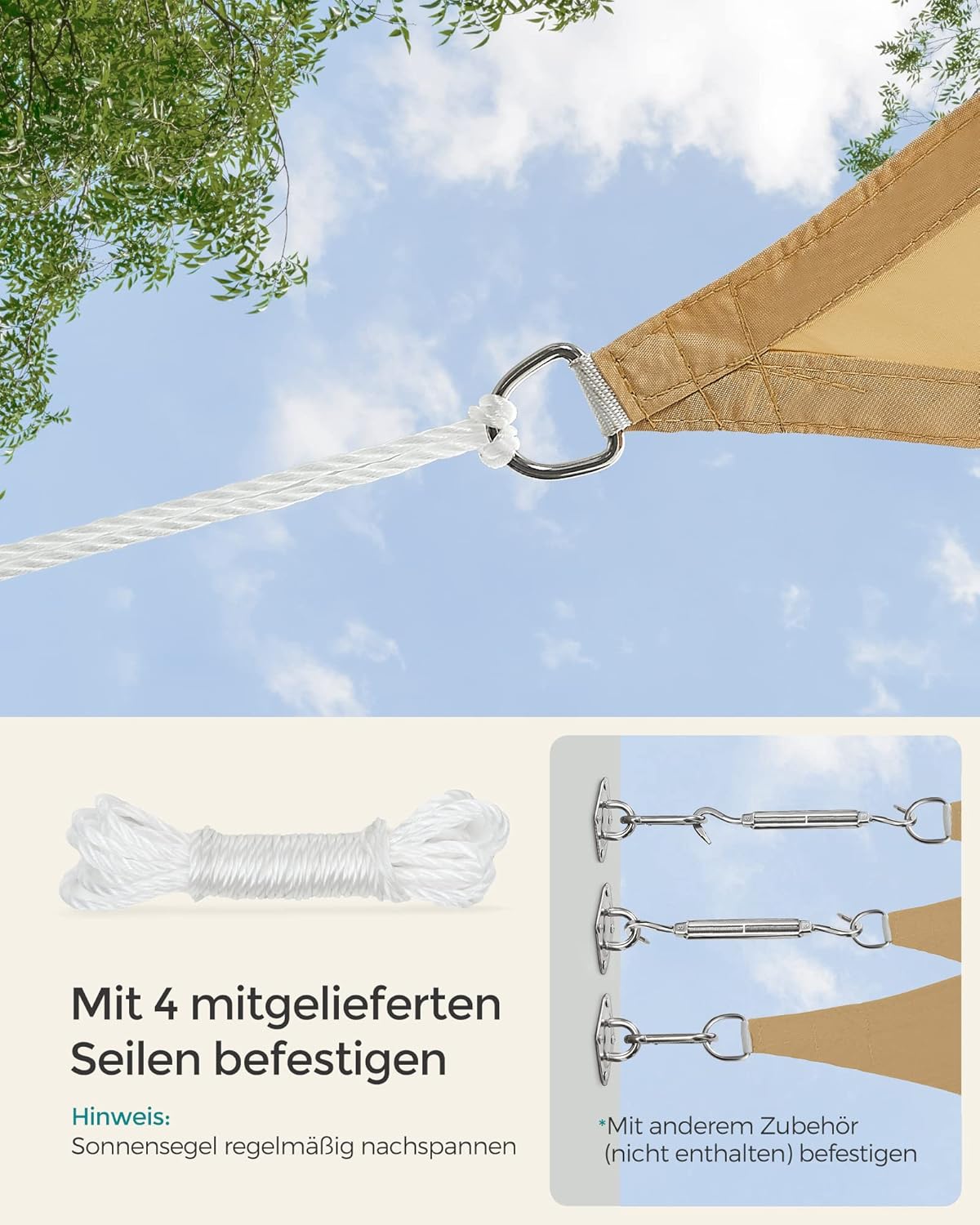 Thumbnail 6 de SONGMICS GSH23EY Sonnensegel 2 x 3 m wasserdicht (UV-Schutz 93%, Wassersäule 665 mm) für Terrasse, Garten & Balkon