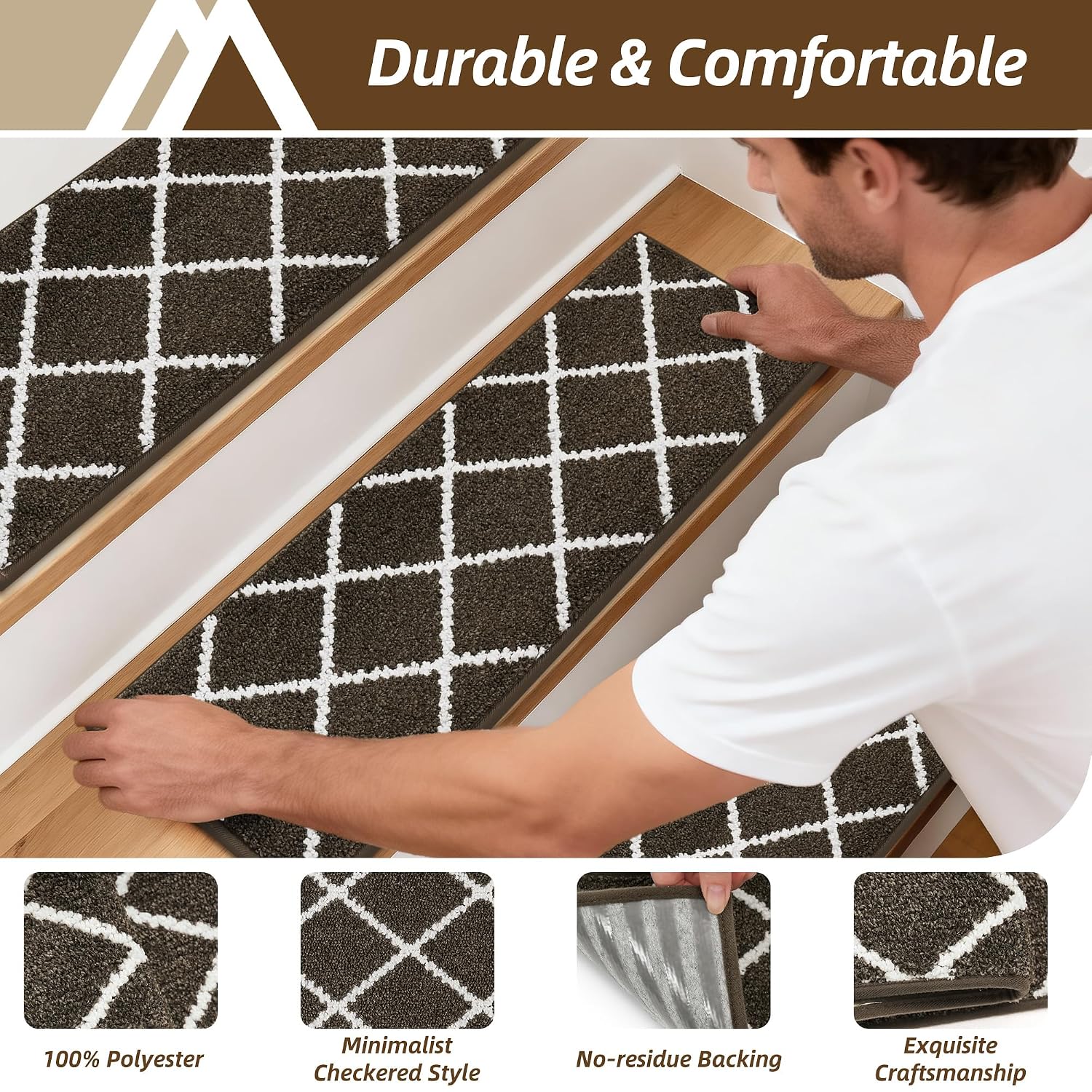Detalle de COSY HOMEER Plaid Stair Treads, 15-Piece Washable Set, 9" x 28", Brown