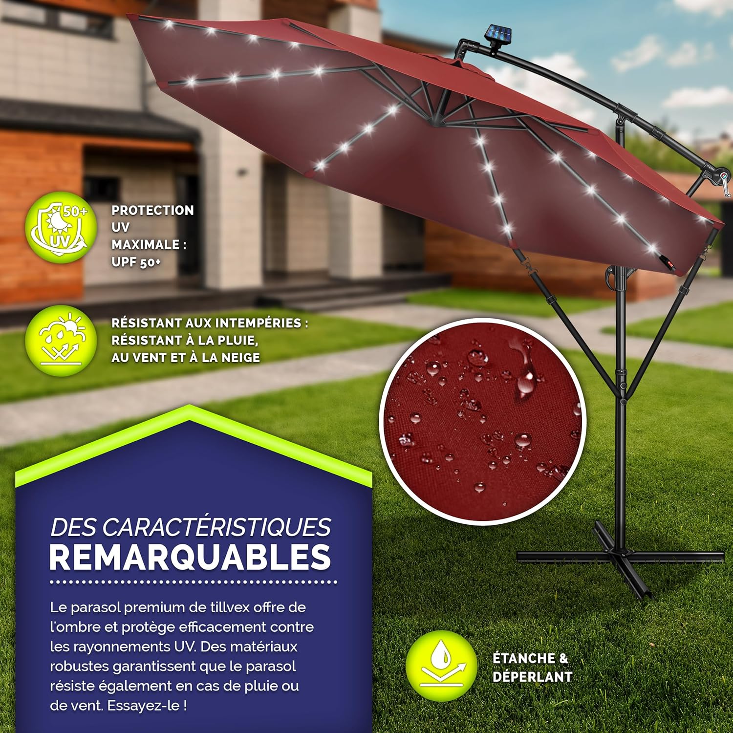 Thumbnail 1 de Tillvex Parasol déporté LED solaire hexagonal 3 m avec manivelle – ombre et lumière à utiliser dehors
