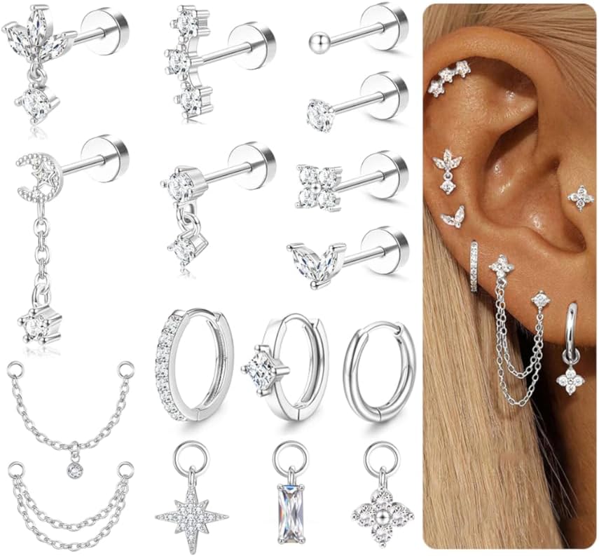Detalle de MILACOLATO Helix-Piercing Set aus 316L Chirurgenstahl (16 Teile) – Flatback, Tragus, Conch & mehr