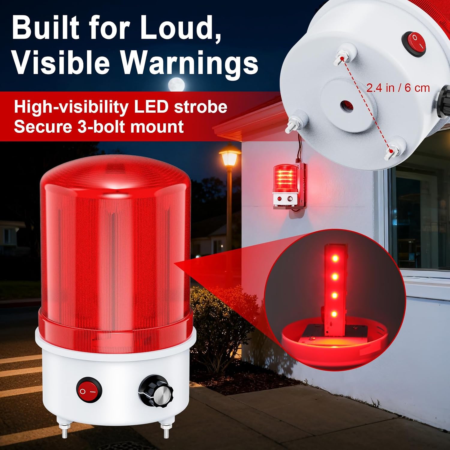 Detalle de ブザー付き工業用LED警告サイレンライト 赤色・100-240V AC・IP65・0-120dB調整