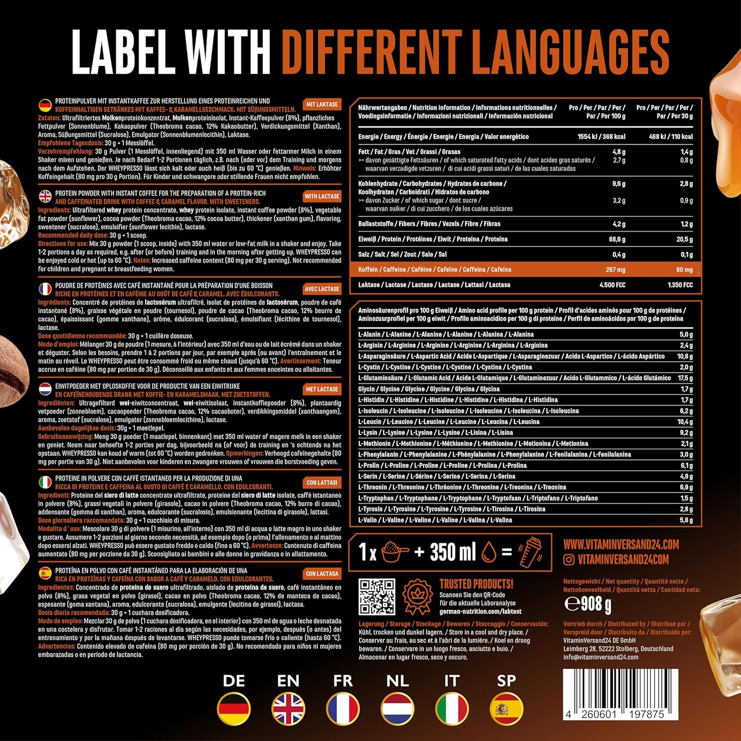 Thumbnail 4 de Wheypresso Protein Coffee Caramel – Proteingetränk mit Whey-Konzentrat & Isolat (908 g)
