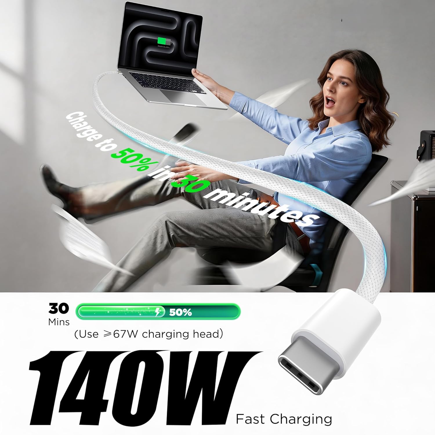 Detalle de LUCMO 27LMG3C Magnetic 3 USB-C Cable, 10 ft, 140W, White
