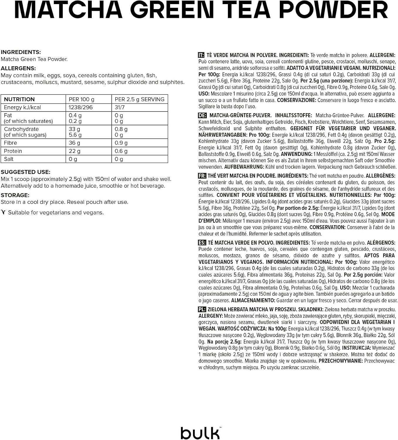 Detalle 2 de Bulk Matcha Green Tea Powder 500 g — 200 porzioni, puro matcha con proteine