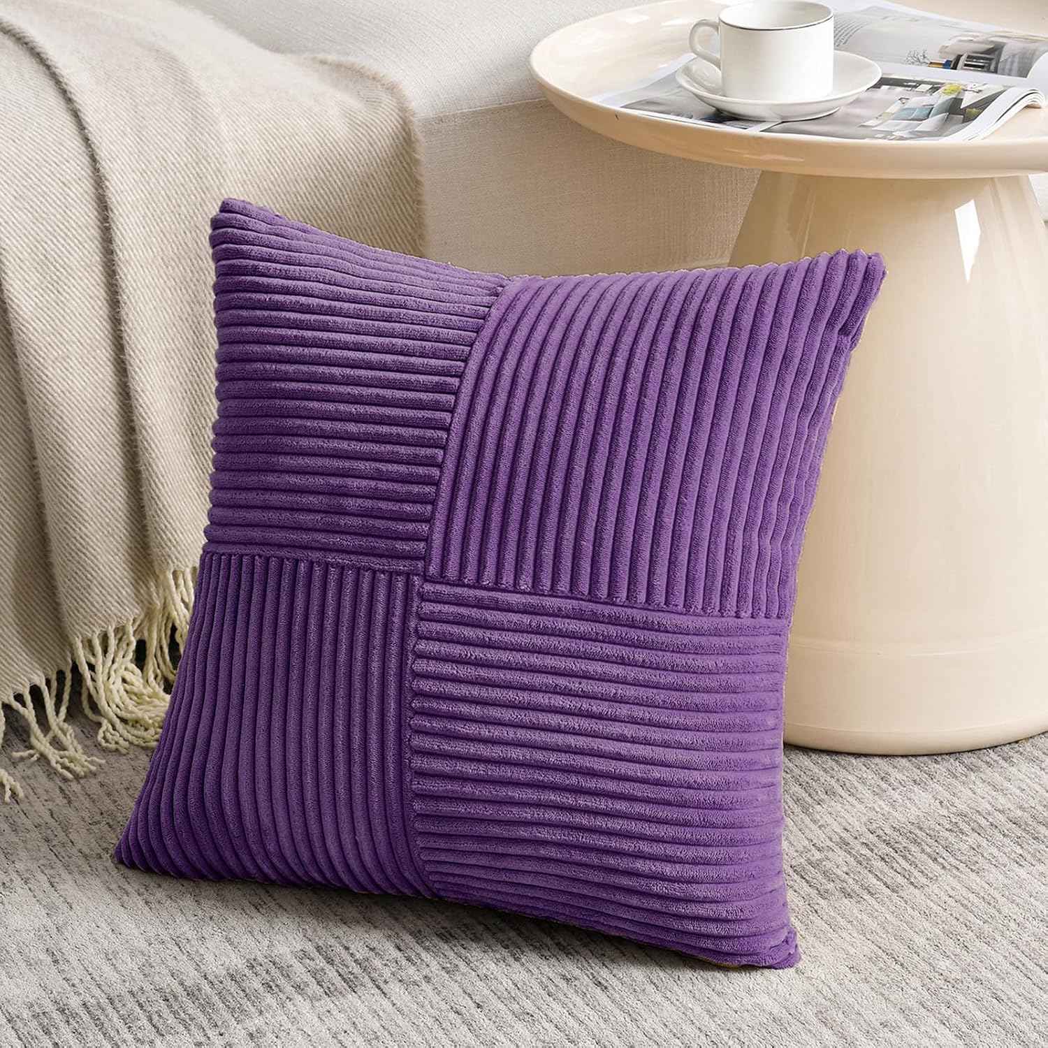 Detalle 2 de Fancy Homi 2 Packs Purple Corduroy Decorative Throw Pillow Covers 18x18 (45x45 cm) – Front Patchwork, Back Solid