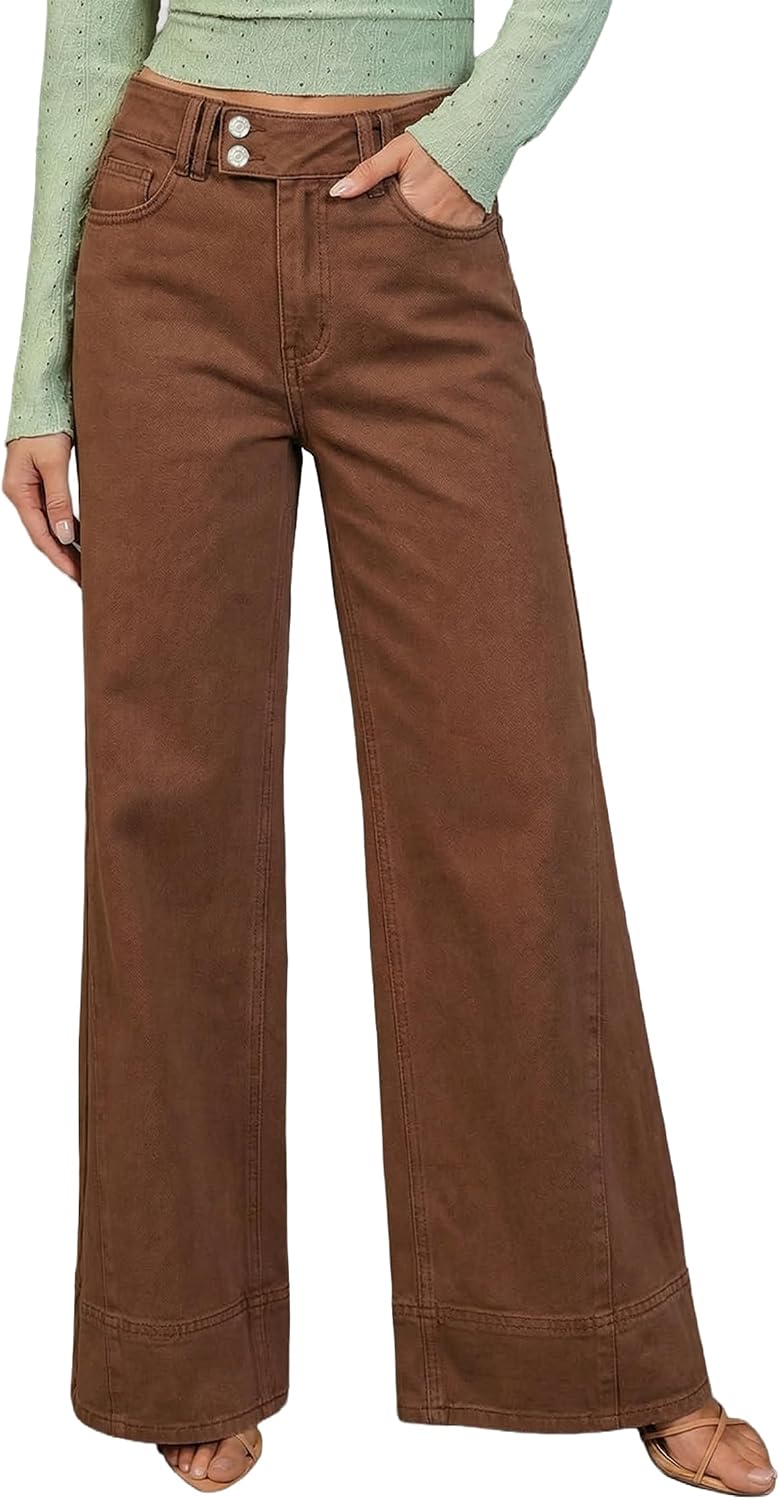 Detalle de Sidefeel Women's Wide Leg Jeans, High-Waisted Stretch Denim, Double-Button Closure