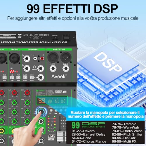 Detalle 2 de Aveek Mixer Audio: Console di Mixaggio Professionale a 4 Canali con USB/Bluetooth e DSP 99 Effetti