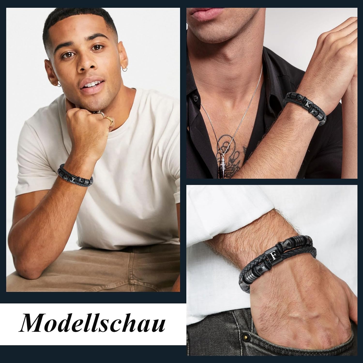 Thumbnail 2 de Herren Lederarmband mit Buchstaben (A–Z) und Gravur, schwarz – personalisiertes Armband aus Edelstahl & Leder