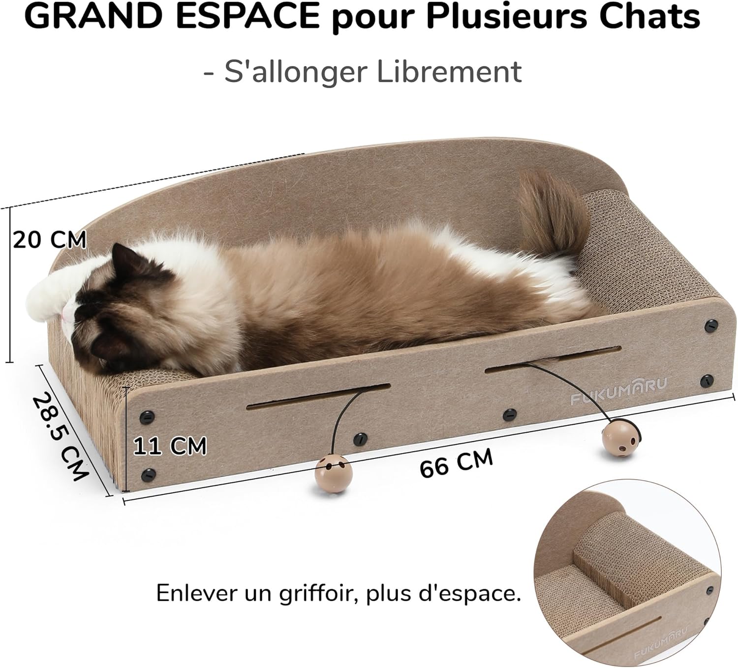 Thumbnail 4 de FUKUMARU Grattoir pour chat en carton 66 cm avec 2 griffoirs réversibles et balle cloche