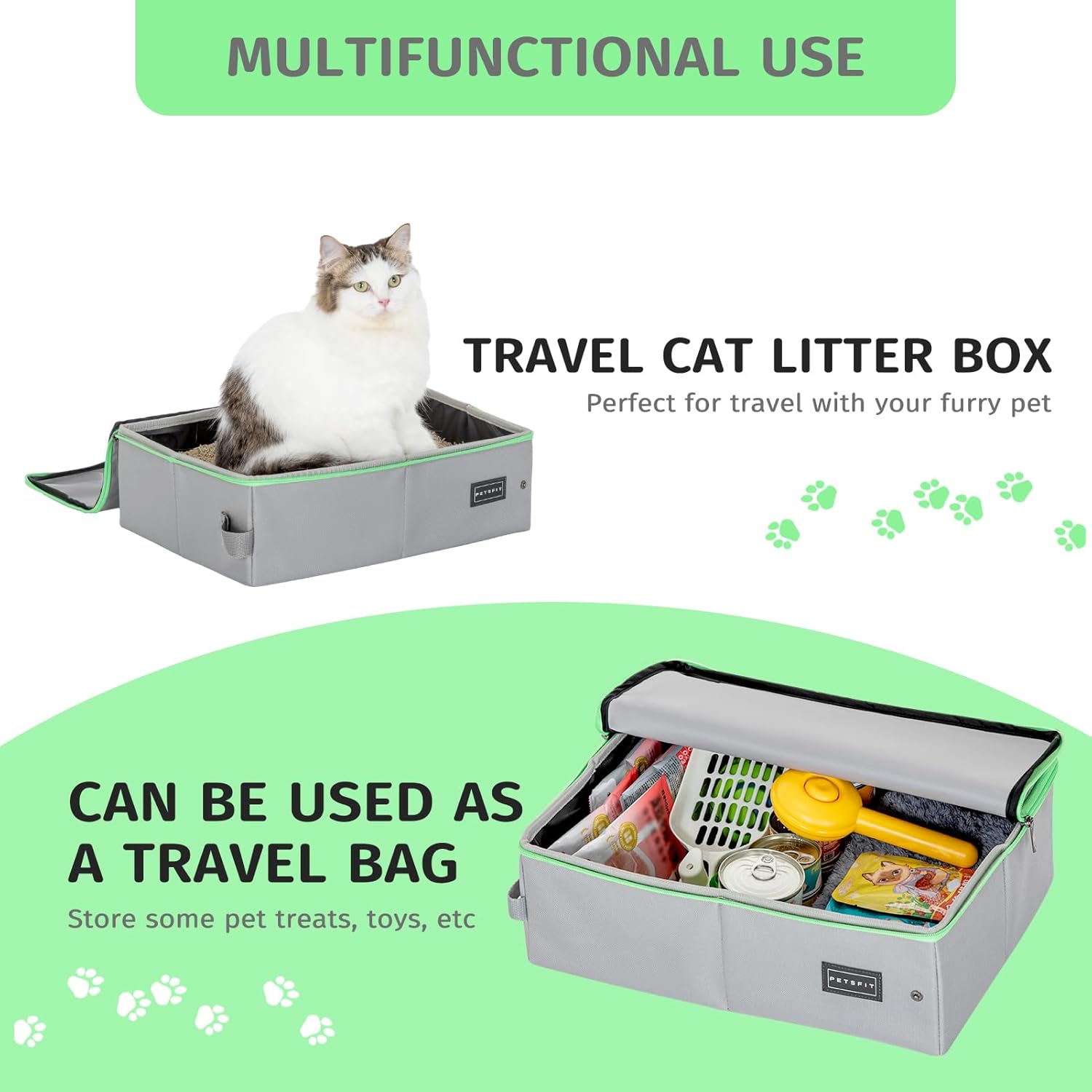 Detalle 2 de PETSFIT Travel Litter Box for Cats with Lid – Leak-Proof, Foldable 40x30x12cm (Grey Green)