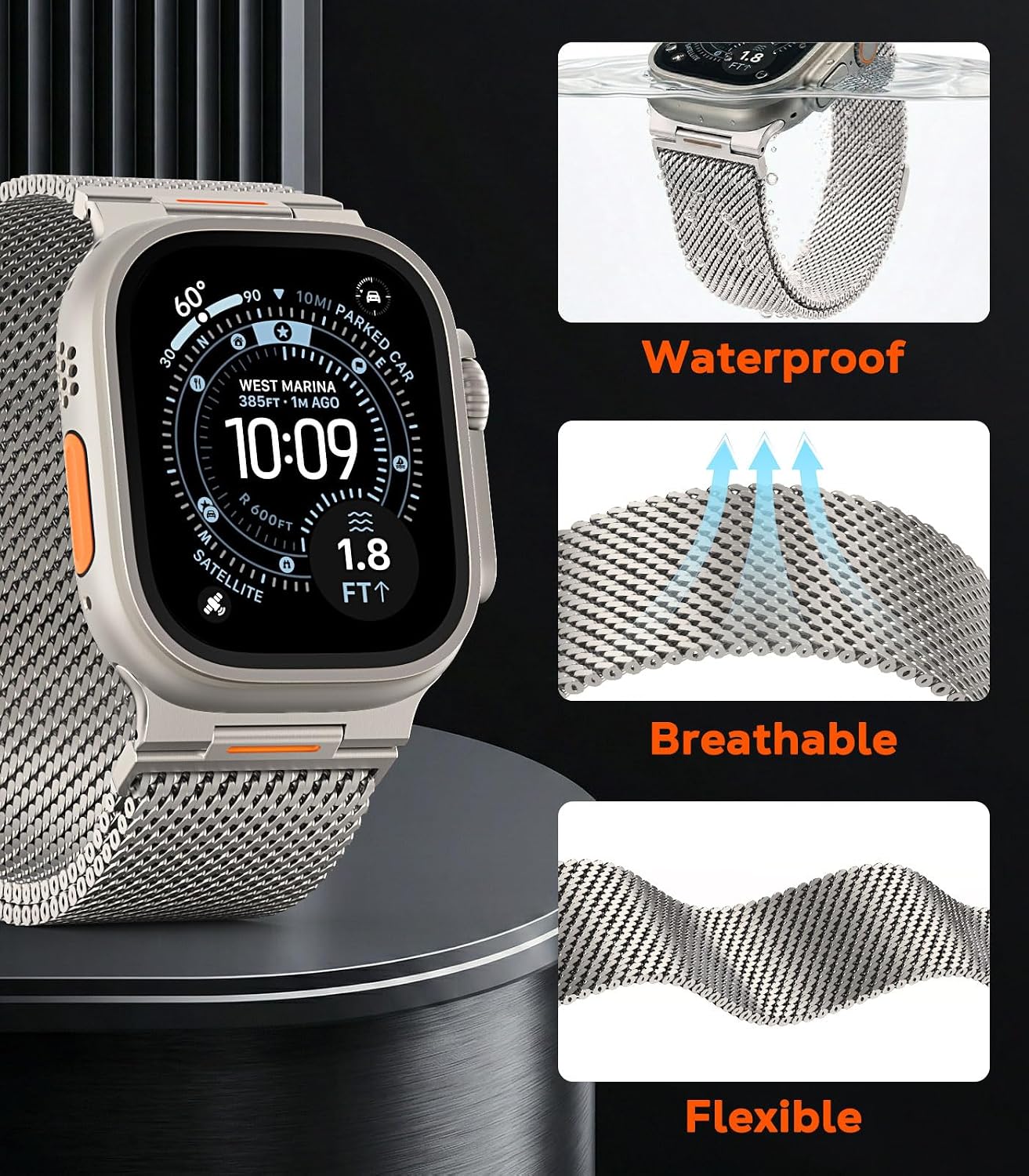 Detalle 2 de Astorgos cinturino in metallo in acciaio inox con chiusura magnetica per Apple Watch 49/46/45/44/42 mm