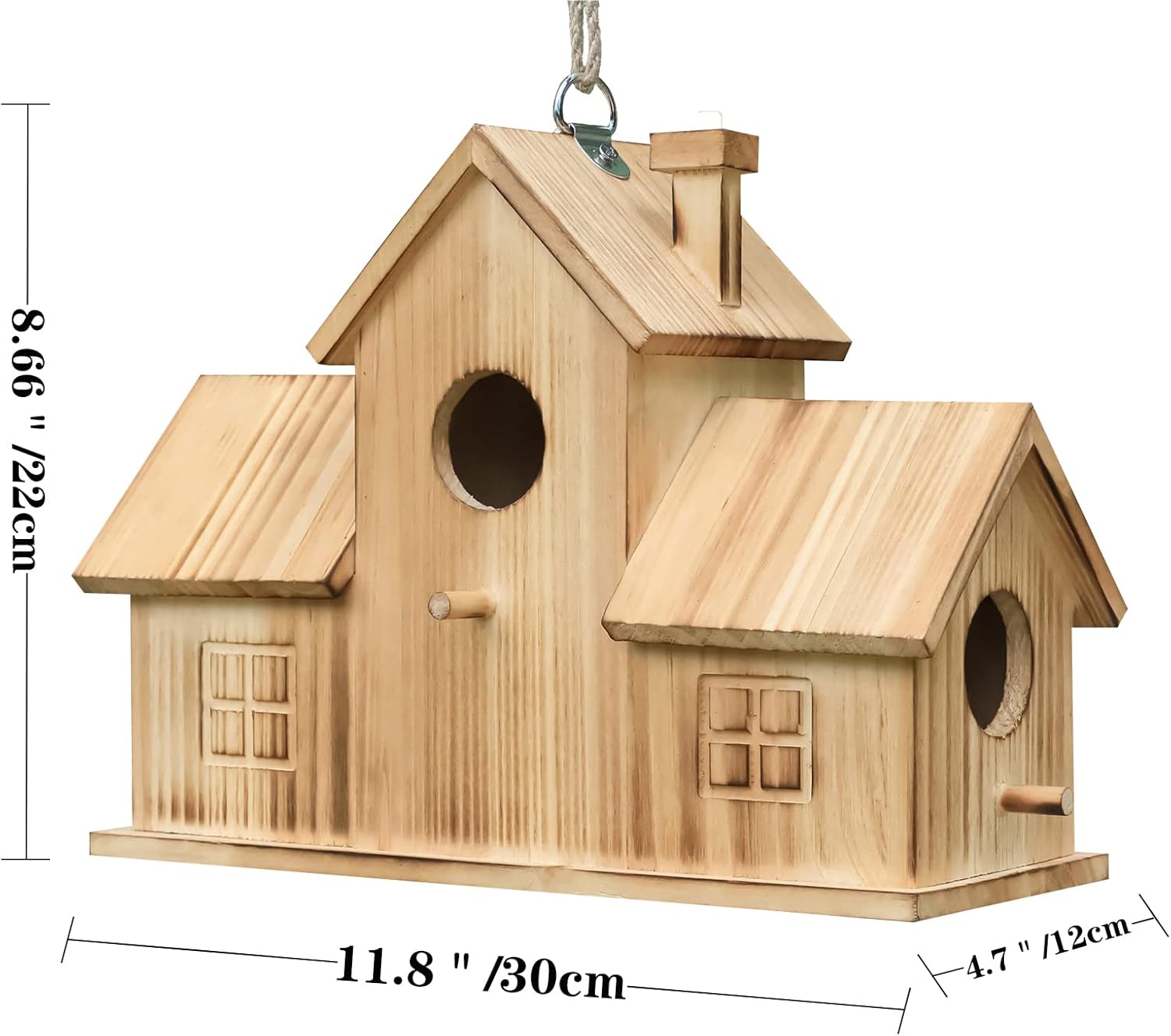 Thumbnail 3 de STARSWR Vogelhäuser draußen, 3 Löcher — hängbares Holzvogelhaus für Garten (30 x 11,9 x 22 cm)