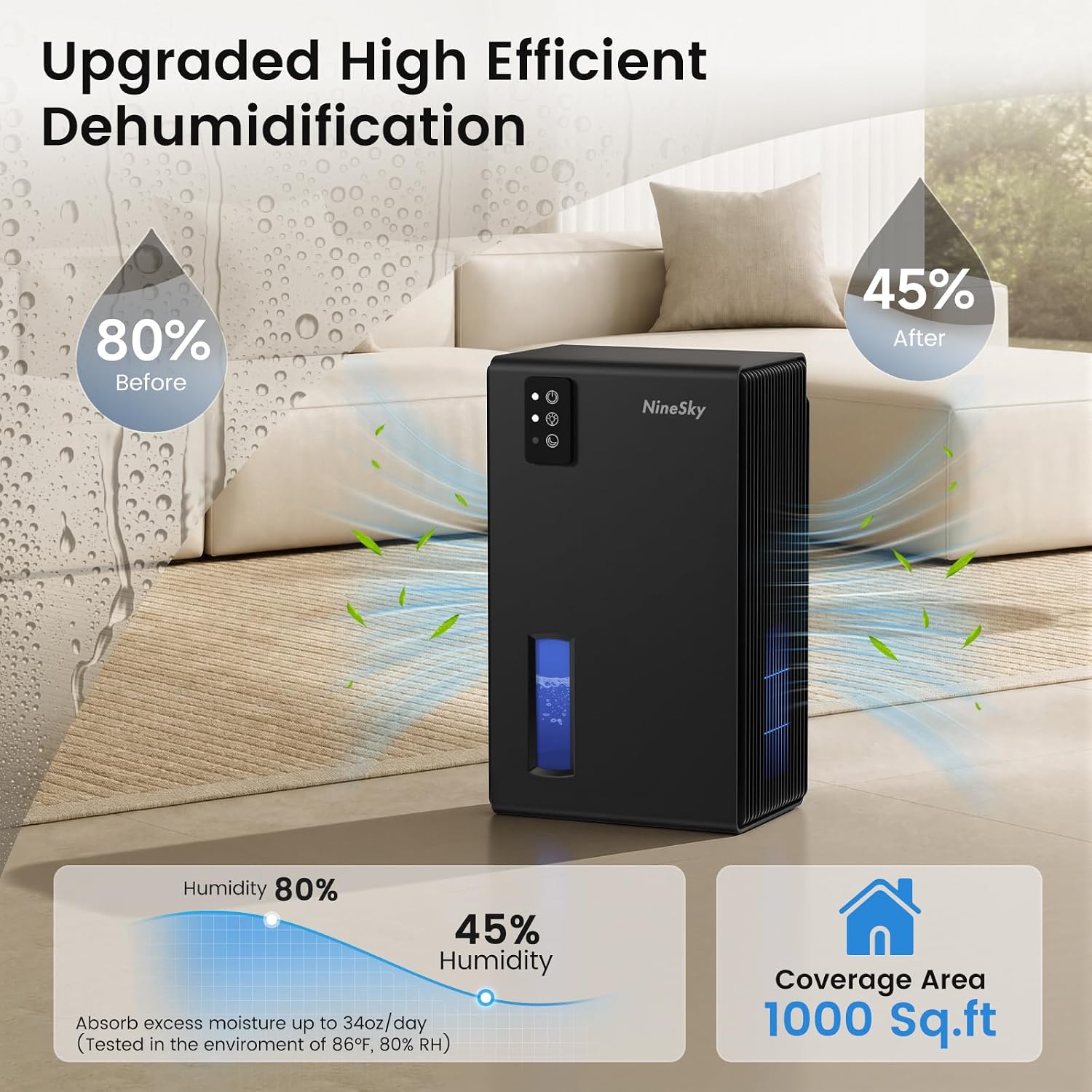 Detalle de NineSky 1000 Sq. Ft Dehumidifier with 95oz Tank, 7-Color Ambient Light, and Auto Shut Off