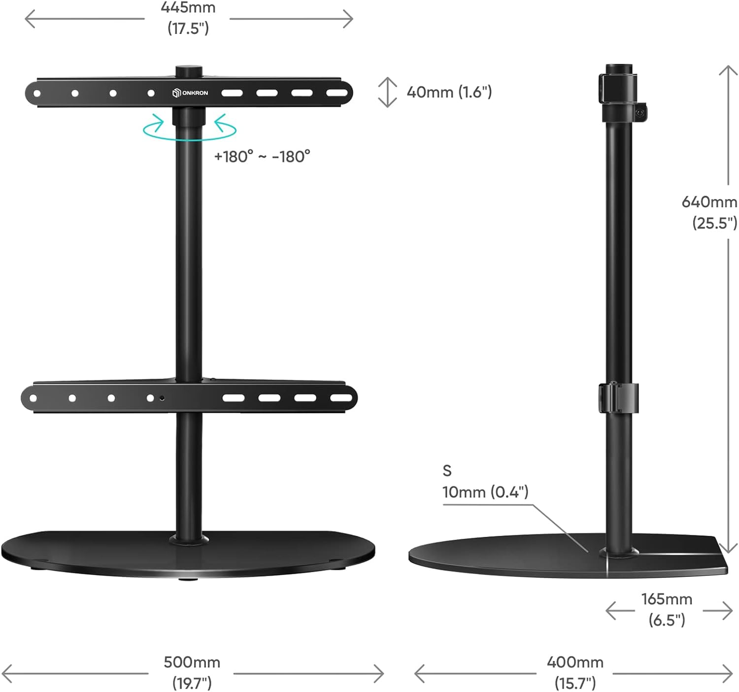 Thumbnail 4 de ONKRON PT2-B – Pied TV universel en verre trempé, VESA 100x100 à 400x400, hauteur réglable et pivotant