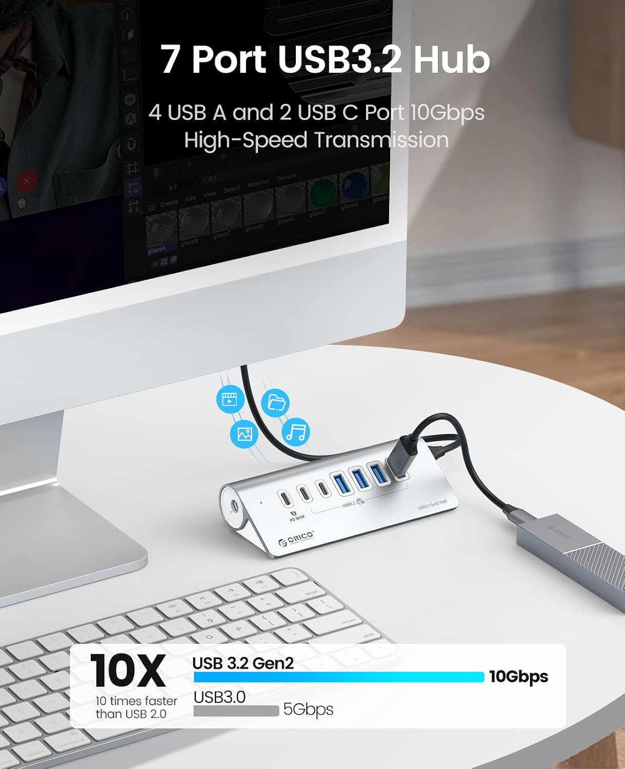 Detalle de ORICO USB C 3.2 Gen 2 Hub 7 porte con 10 Gbps e PD 60W, alluminio, 4x USB-A e 2x USB-C