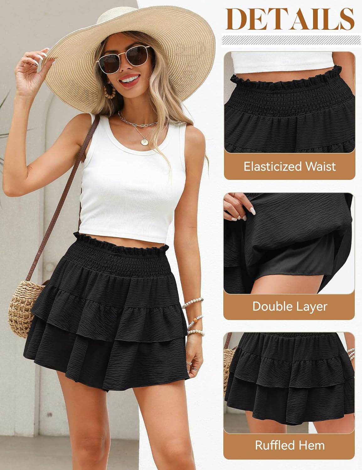 Detalle de PASUDA Jupe Short Femme Été Chic & Confortable - Taille Haute à Volants