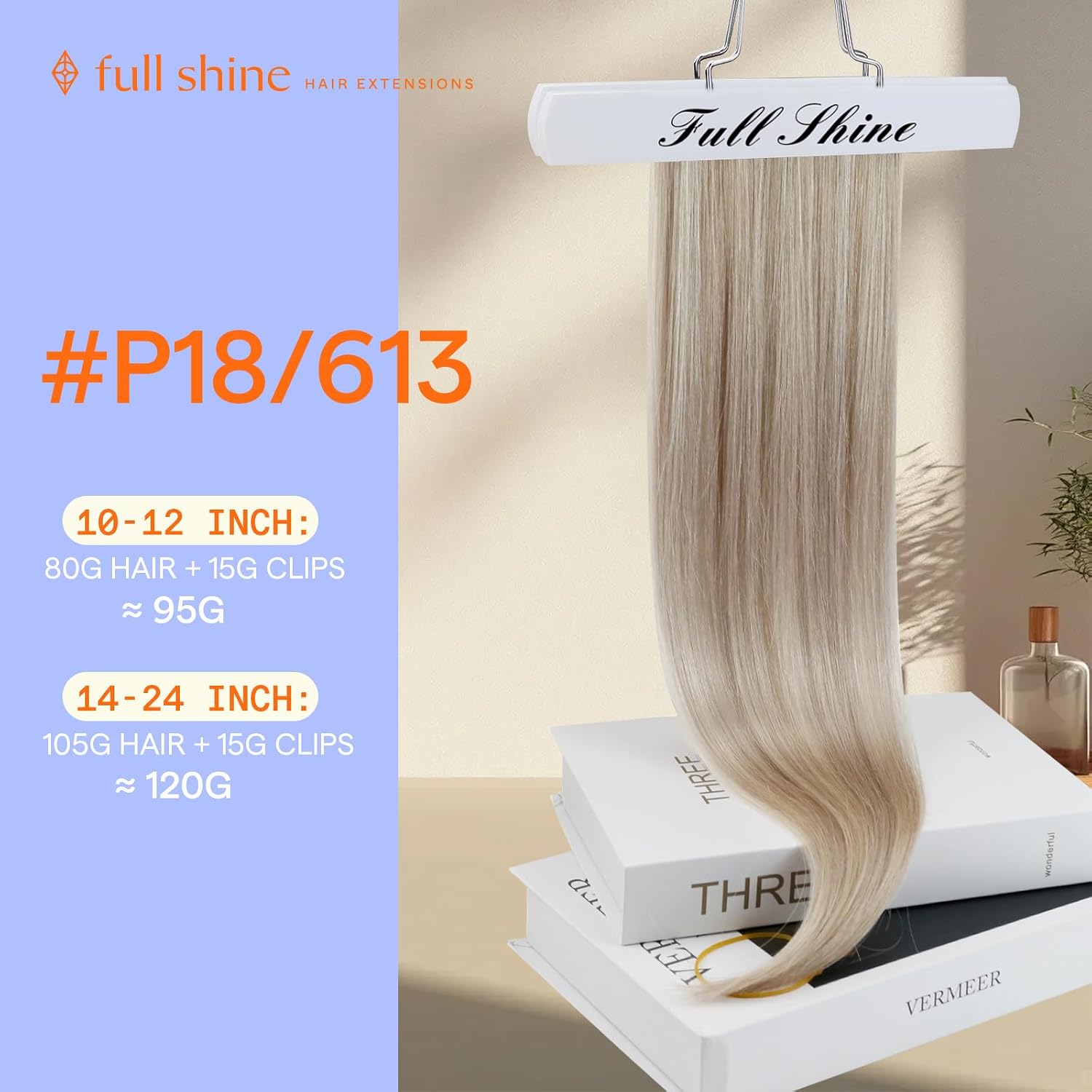 Detalle de Full Shine Ash Blonde Highlights Clip-in Hair Extensions (Remy Human Hair) — 7 pcs, 20 inch, 120g