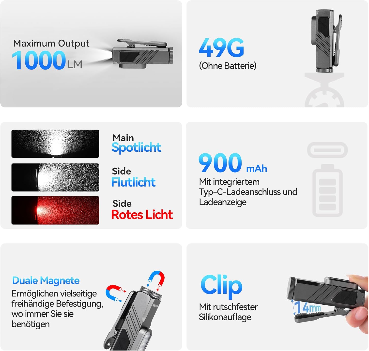 Thumbnail 1 de Sofirn ST10 Mini Taschenlampe, aufladbar (Type-C) mit Spot 1000 lm, Flut 500 lm und rotem Licht