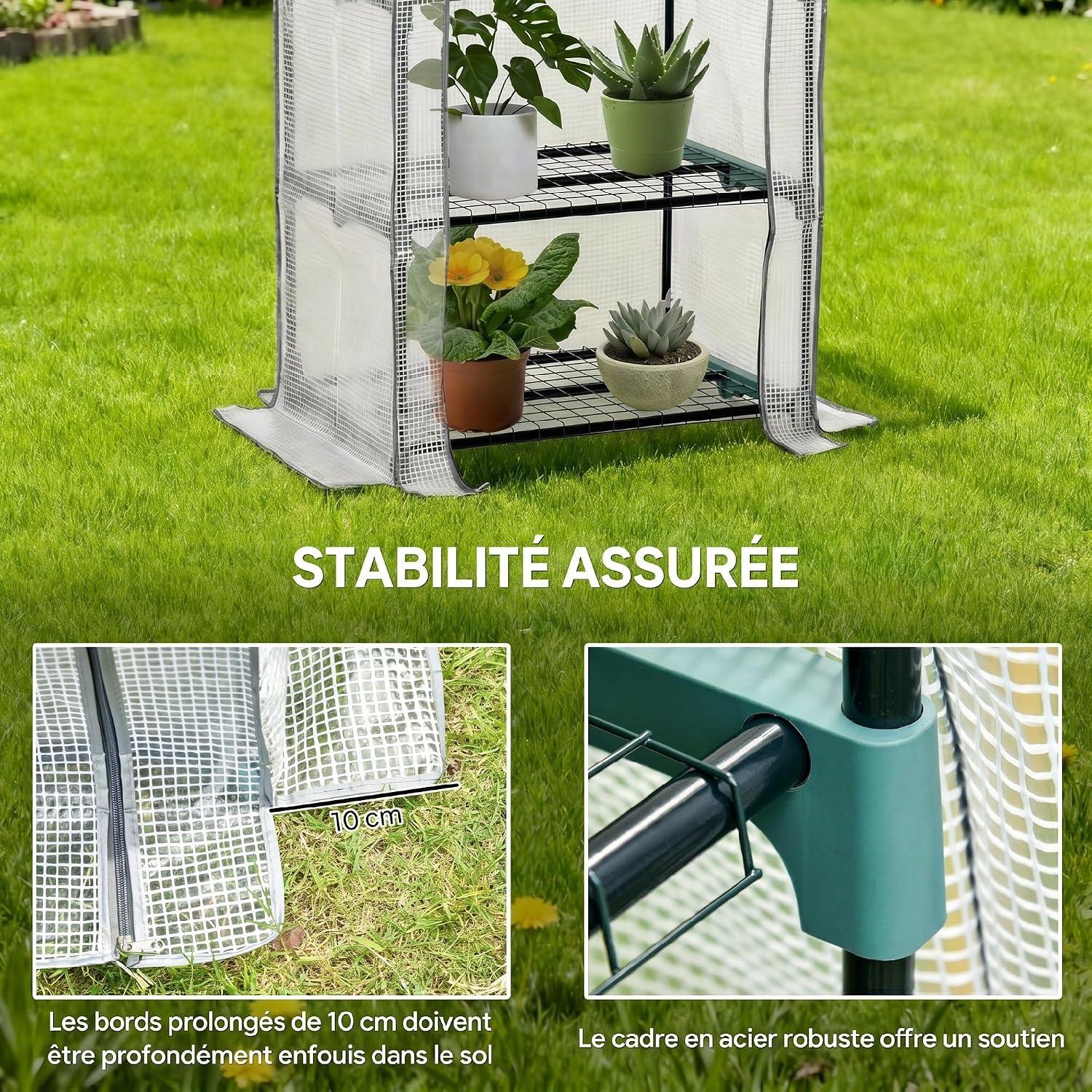 Detalle de Outsunny 845-228V01WT tuinkas met 4 niveaus, PE-zeil en stalen frame