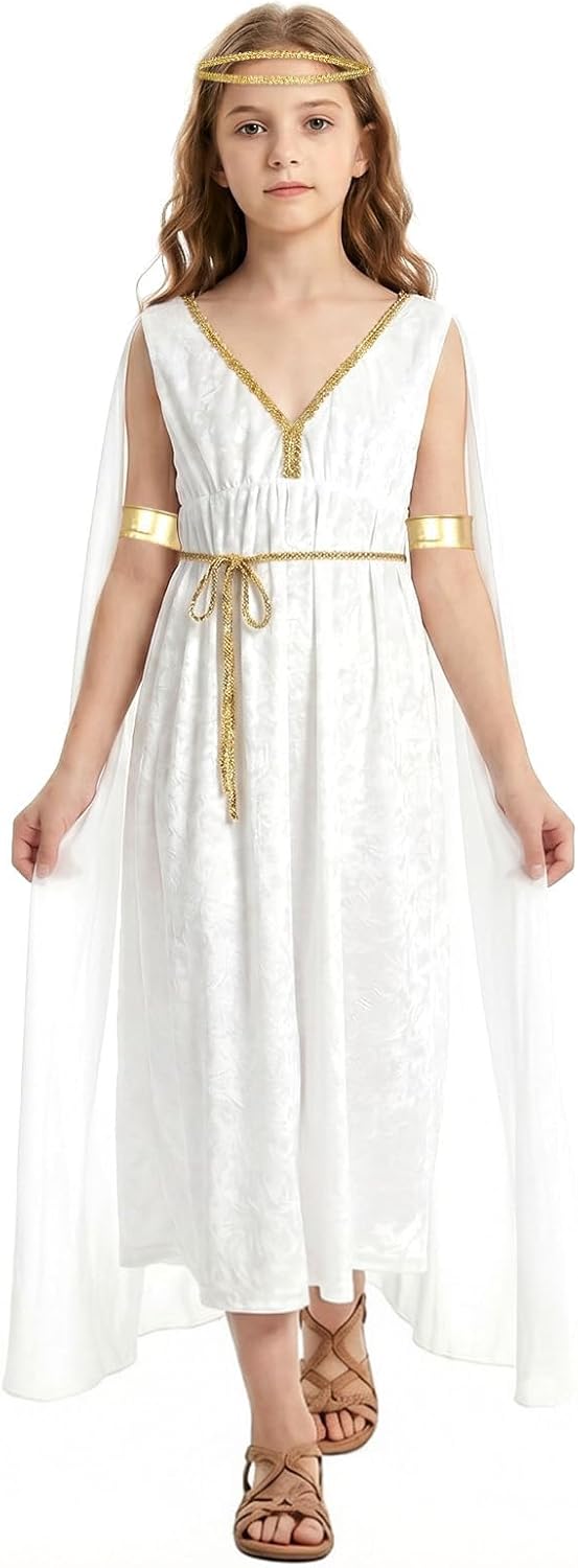 Detalle de Alaoo Griekse godin kostuum voor kinderen, wit polyester met gouden details