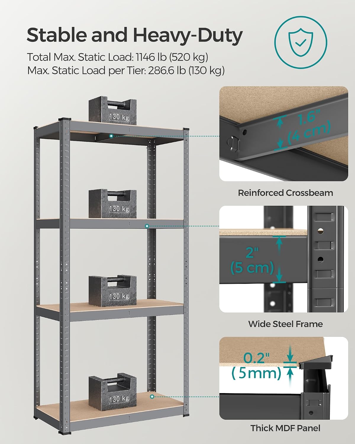 Thumbnail 4 de SONGMICS GLR044G01 4-Tier Shelving Unit, Steel and MDF, 520 kg Capacity