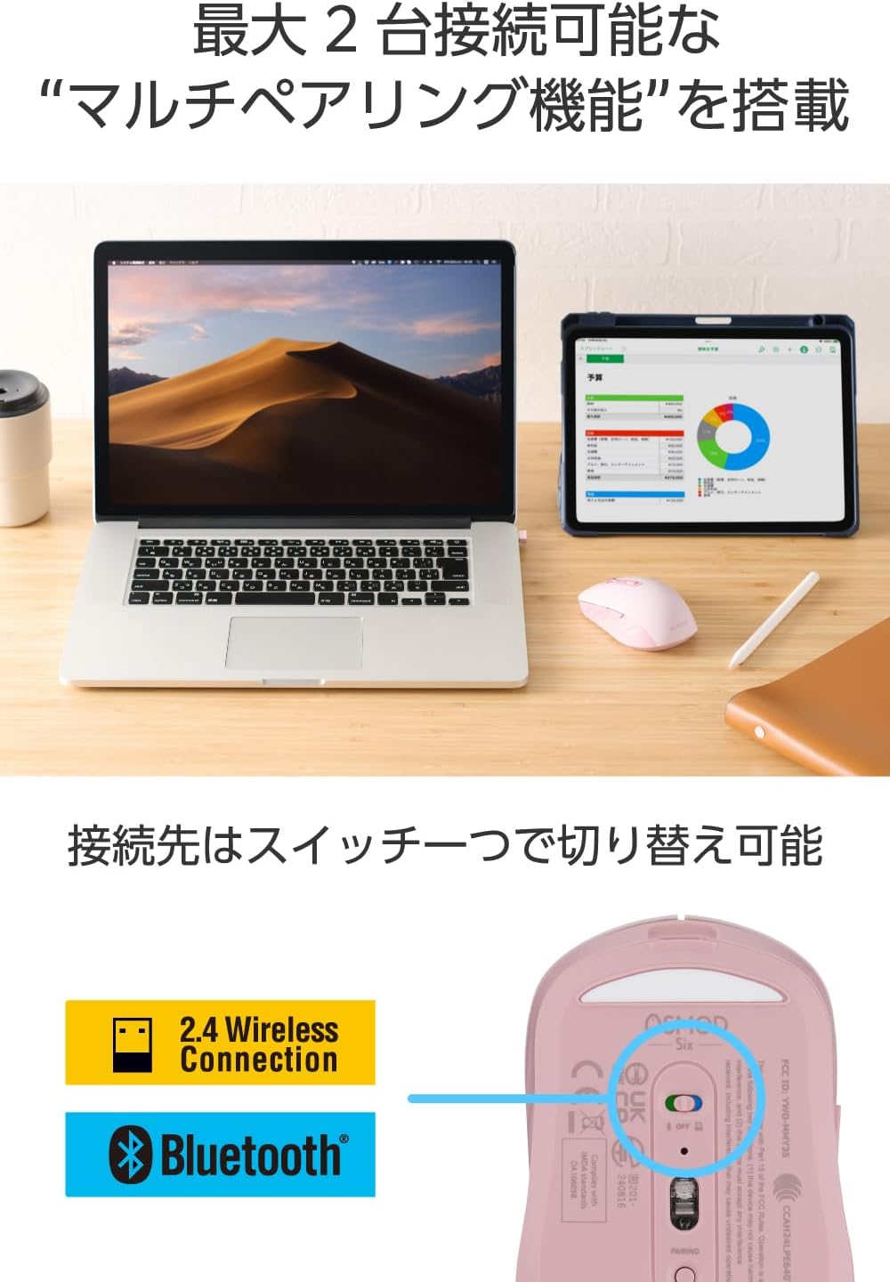 Detalle de エレコム OSMOD Six M-MY35MBSAPN ワイヤレスマウス 静音・充電式・6ボタン ピンク