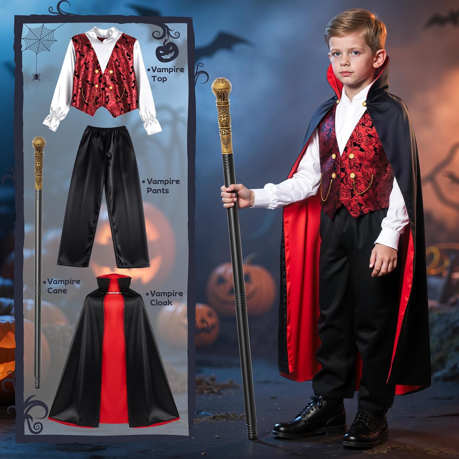 Detalle 2 de KukuFun Vampire Costume Set for Kids with Reversible Cape, Shirt, Pants & Scepter