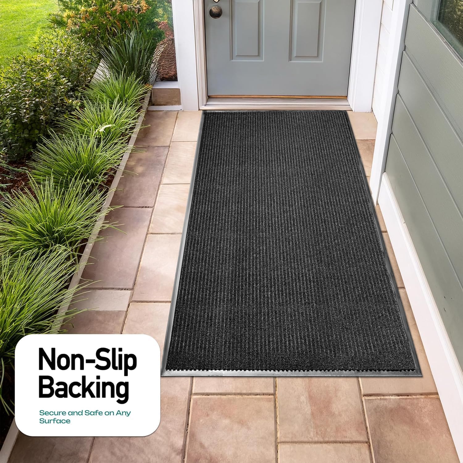 Detalle de LuxUrux 4 x 8 Feet Striped Black Door Mat, Low-Profile and Waterproof