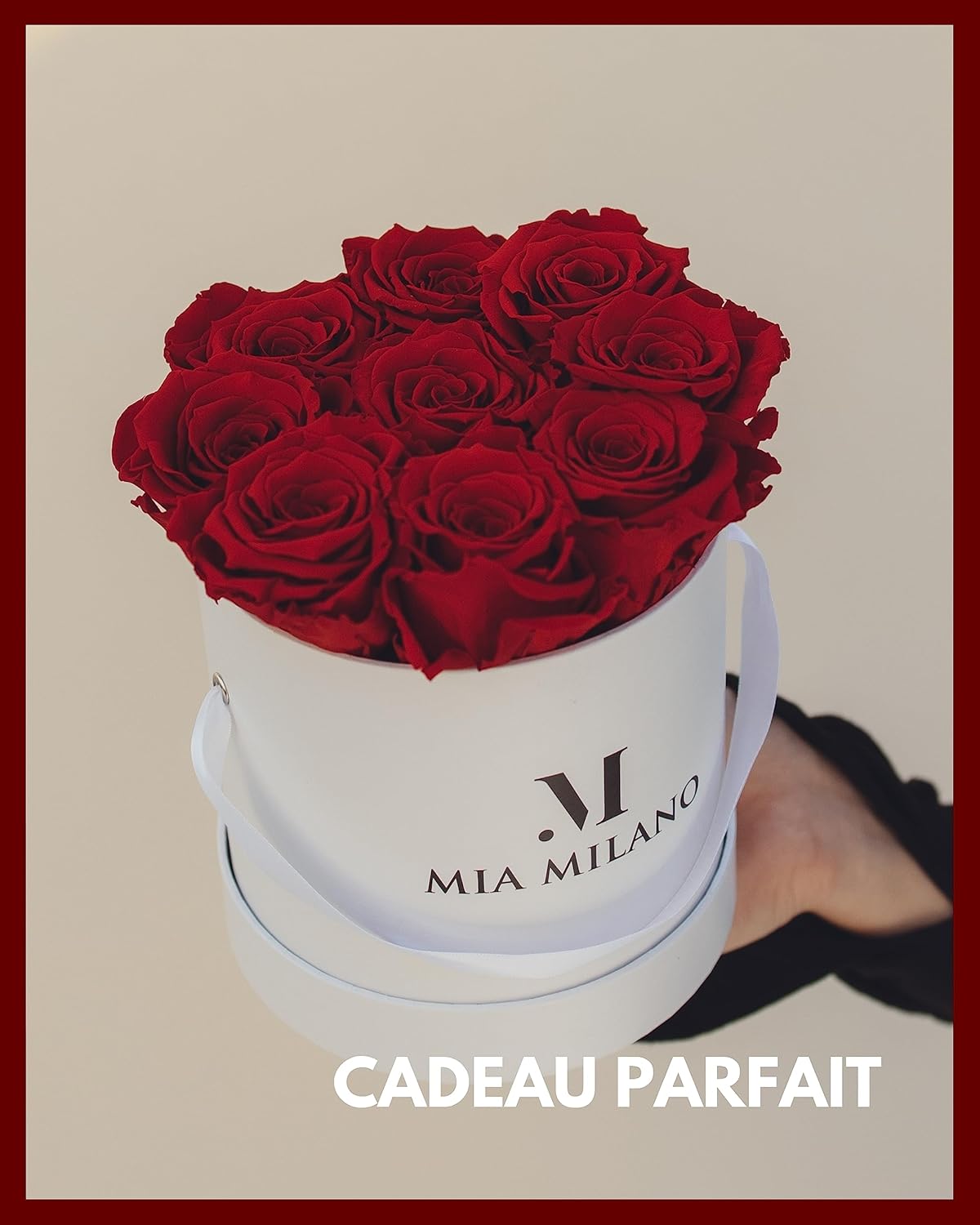 Detalle de Infinity Roses Bordeaux – 9 roses préservées en flowerbox blanche durable, conservation 3 ans