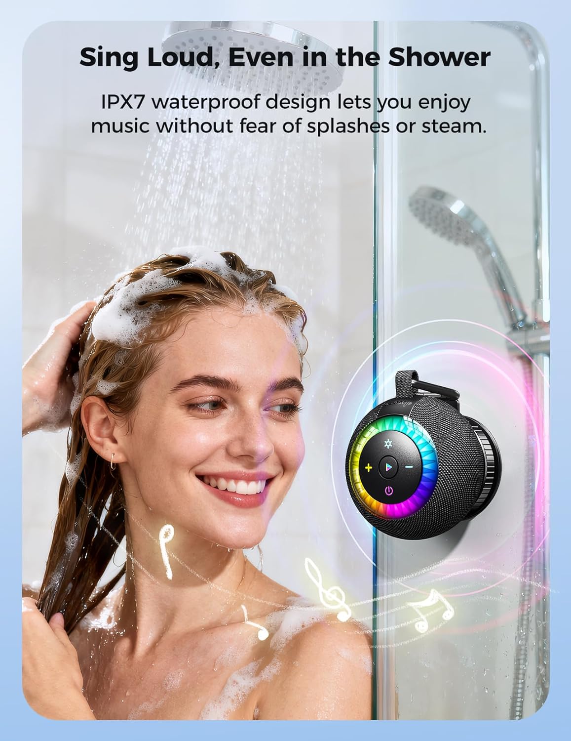 Detalle 2 de dbsono Shower Speaker Bluetooth Waterproof, 360° Surround Sound (IPX7) with Suction Cup, RGB Lights, BT 5.4, TWS