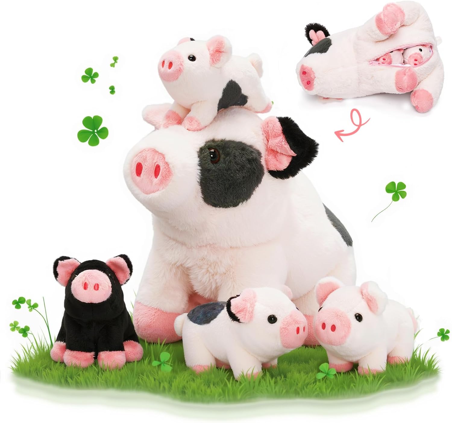 Detalle de OUOZZZ 5er Set Schwein Kuscheltier – je 23 cm, mit 4 Baby-Schweinchen im Bauch, weicher Plüsch & sicherer Begleiter