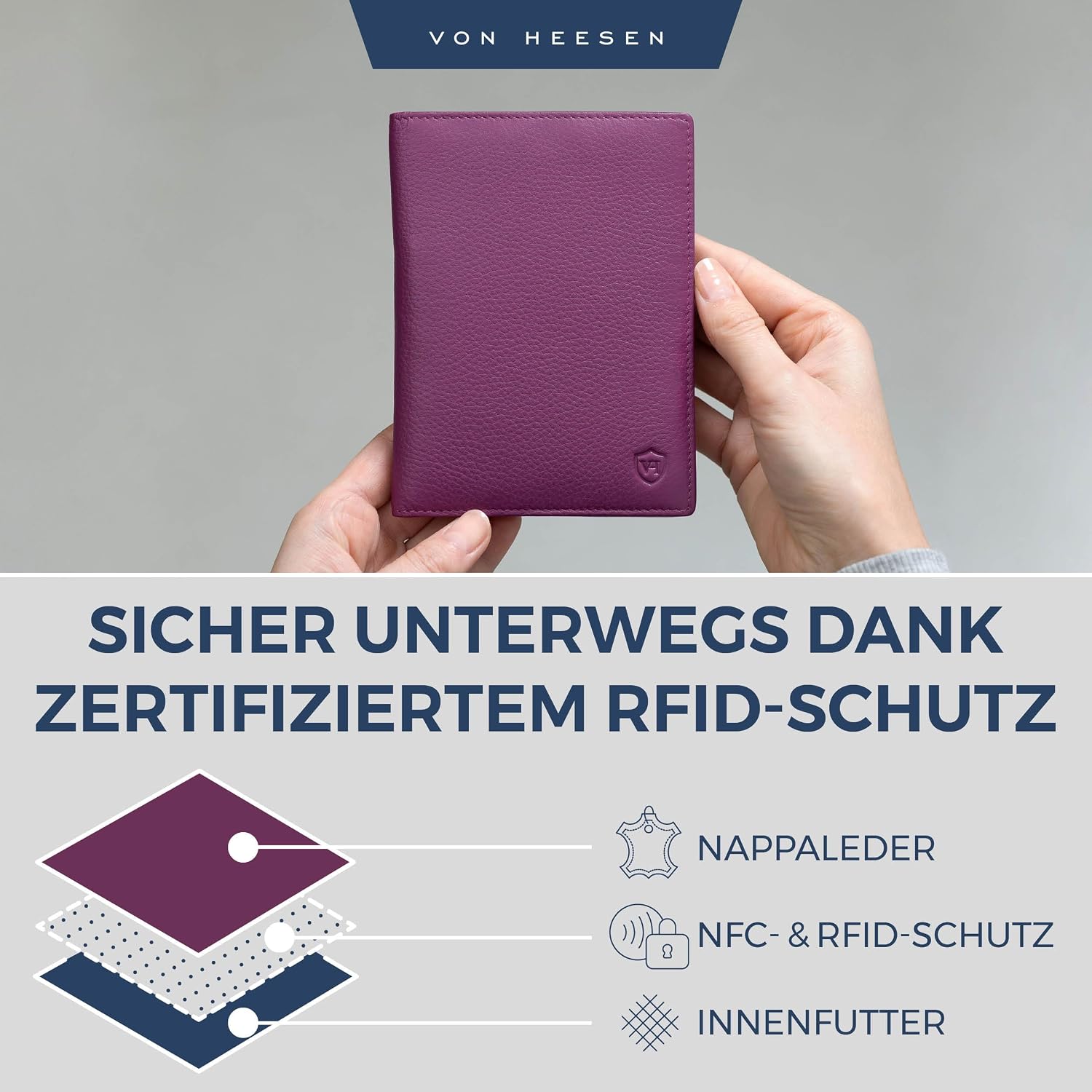 Detalle 2 de VON HEESEN Reisepasshülle aus Nappaleder mit RFID-Schutz (Pink) – Passhülle & Karten-Organizer im Etui-Format