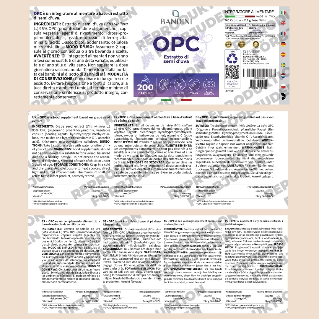 Thumbnail 4 de BANDINI OPC Supplement 95 % druvkärneextrakt med C-vitamin, 200 kapslar