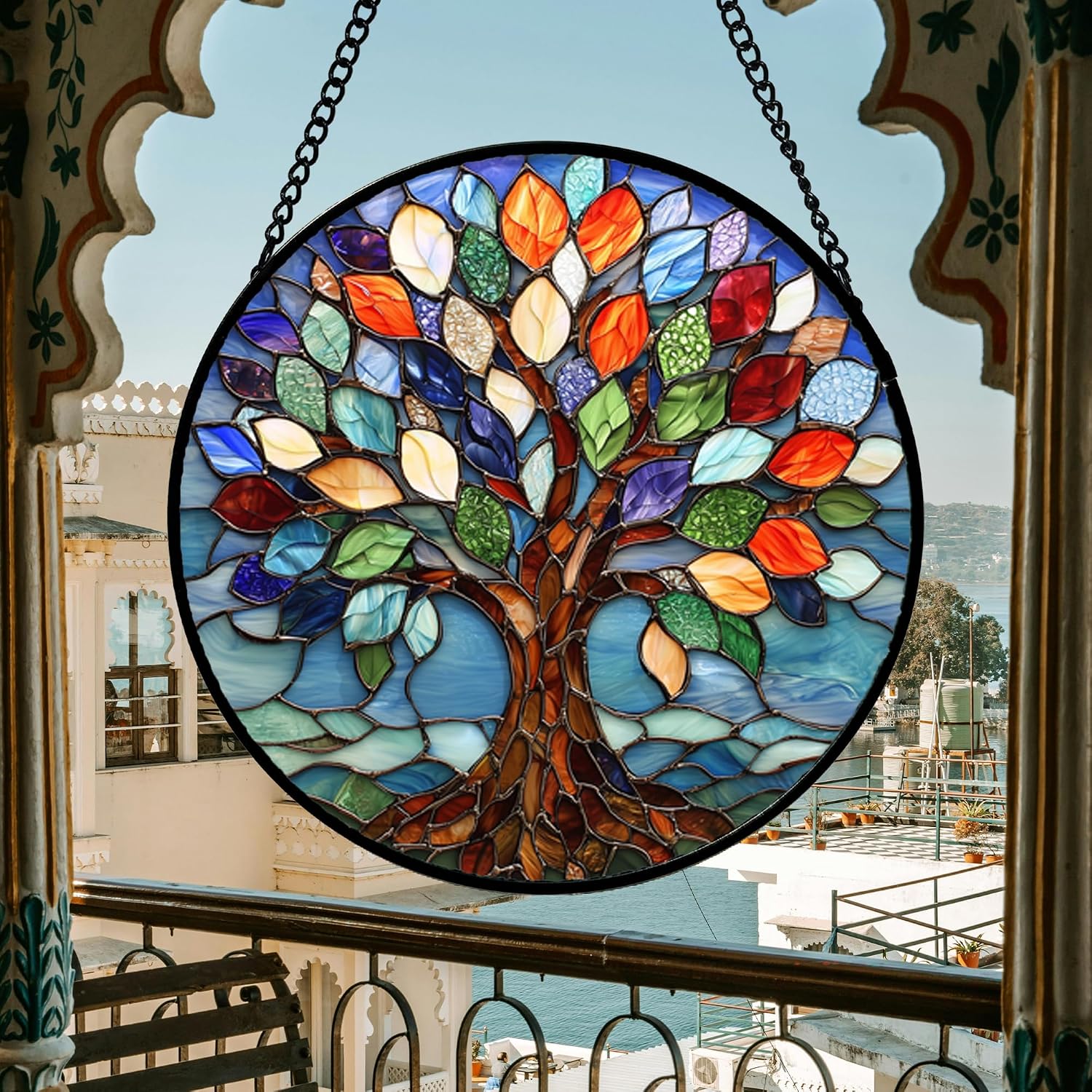 Detalle de DASTOLL Colorful Tree of Life Glass Suncatcher, 15-Inch Window Hanging