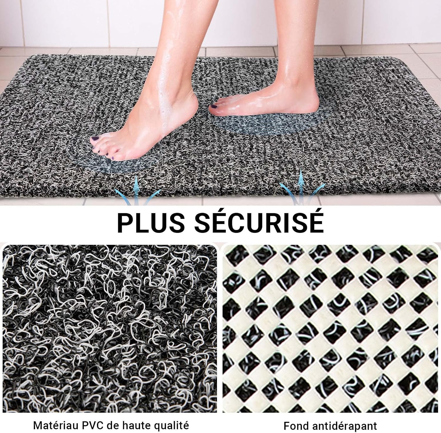 Detalle de COSYLAND Tapis de Douche Antidérapant 40x80 cm – Luffa PVC, Drainage Efficace, Noir/Blanc