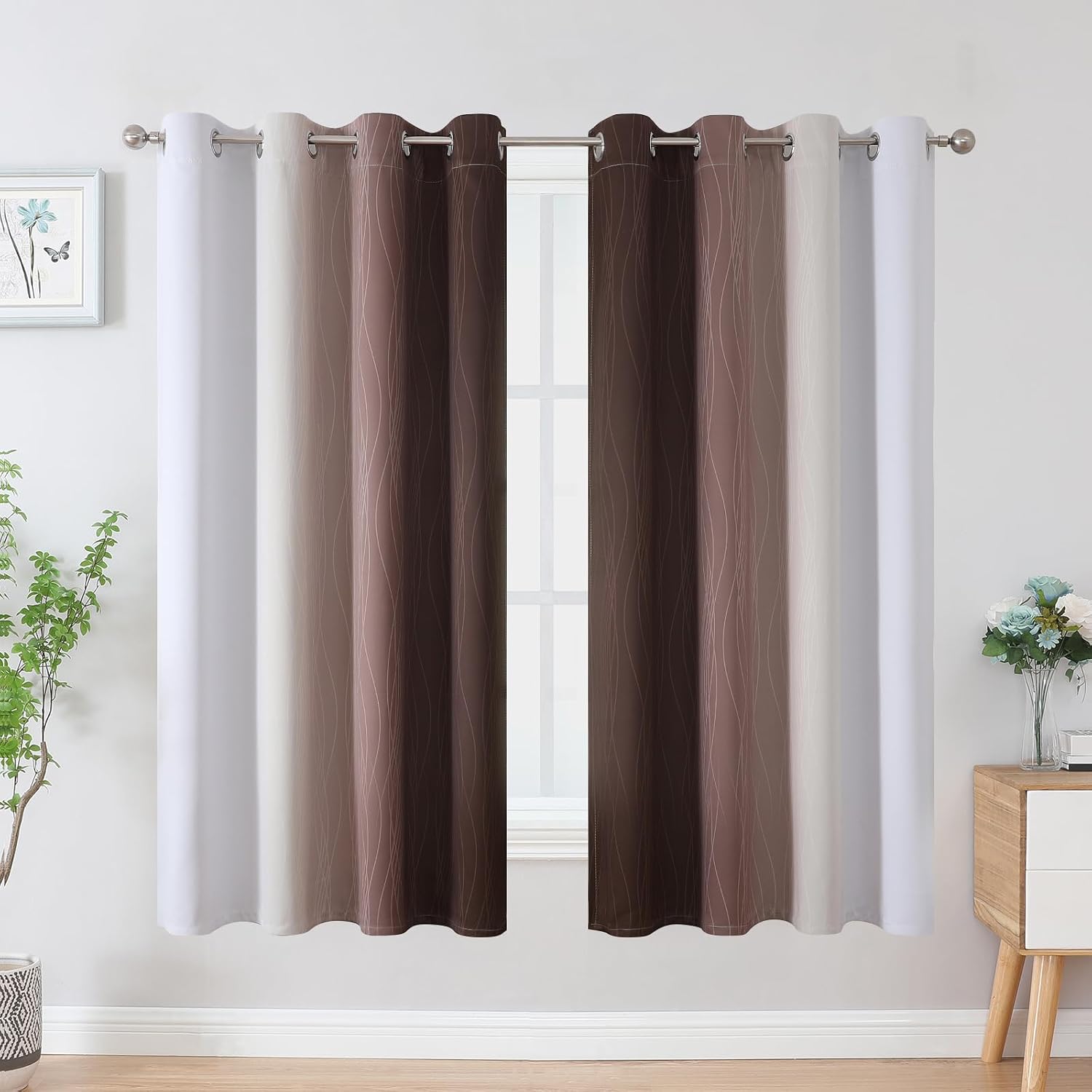 Thumbnail 1 de VEHEDE Ombre Blackout Curtains – 63 Inch Drop, Brown/Greyish White, 2 Panels