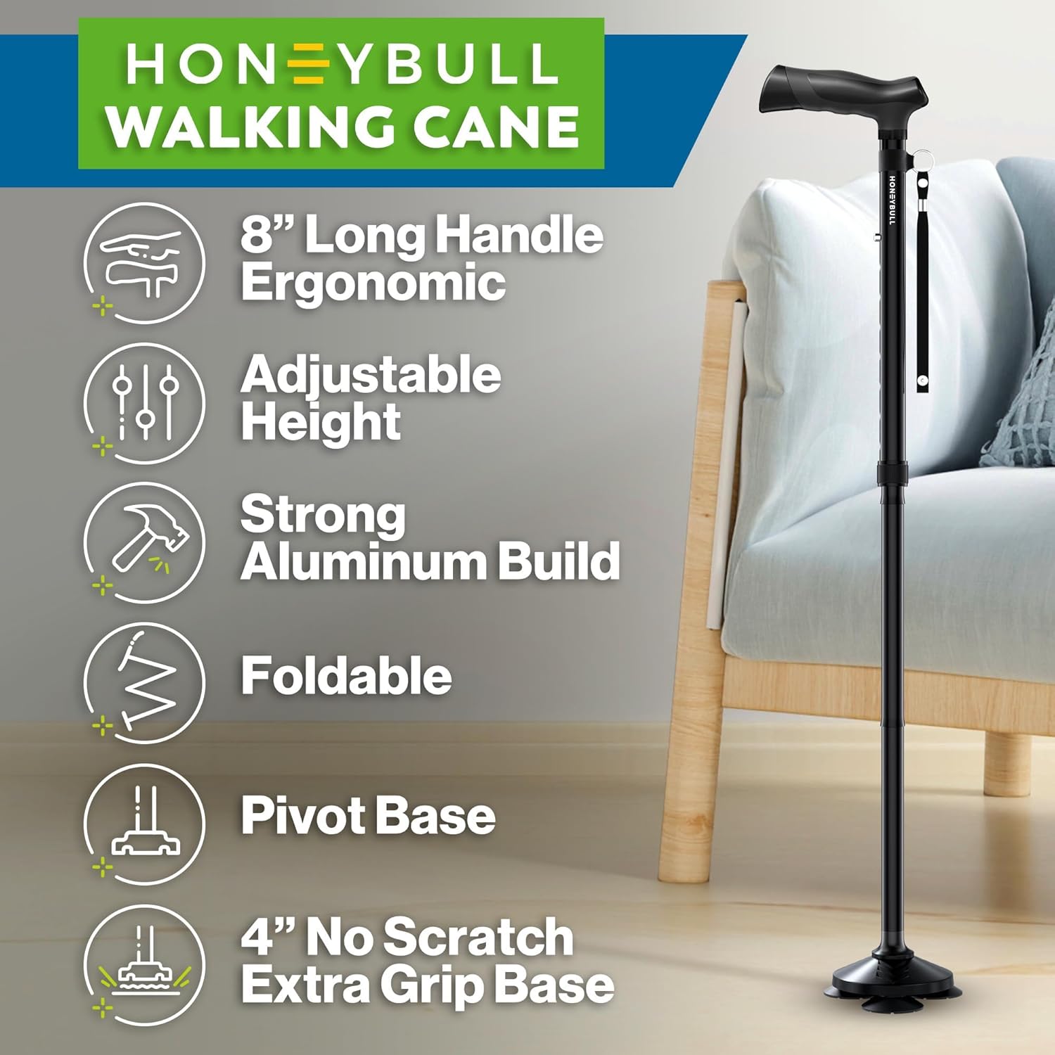 Detalle de HONEYBULL Folding Walking Cane: All-Terrain, Adjustable & Heavy-Duty for Seniors and Adults