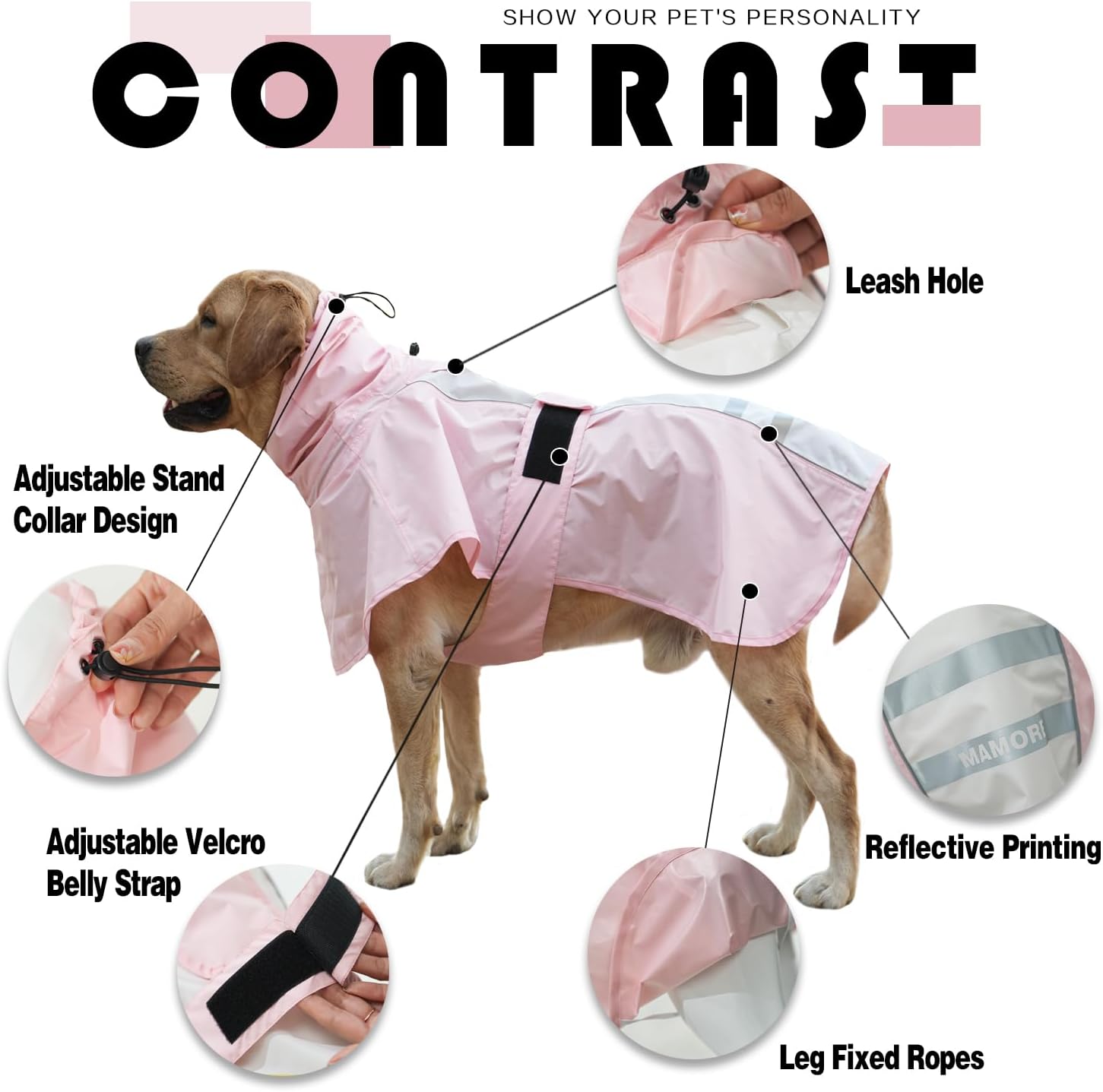Detalle de Waterproof Dog Raincoat with Reflective Strip and Leash Hole (Pink & White) – S (4–6kg)
