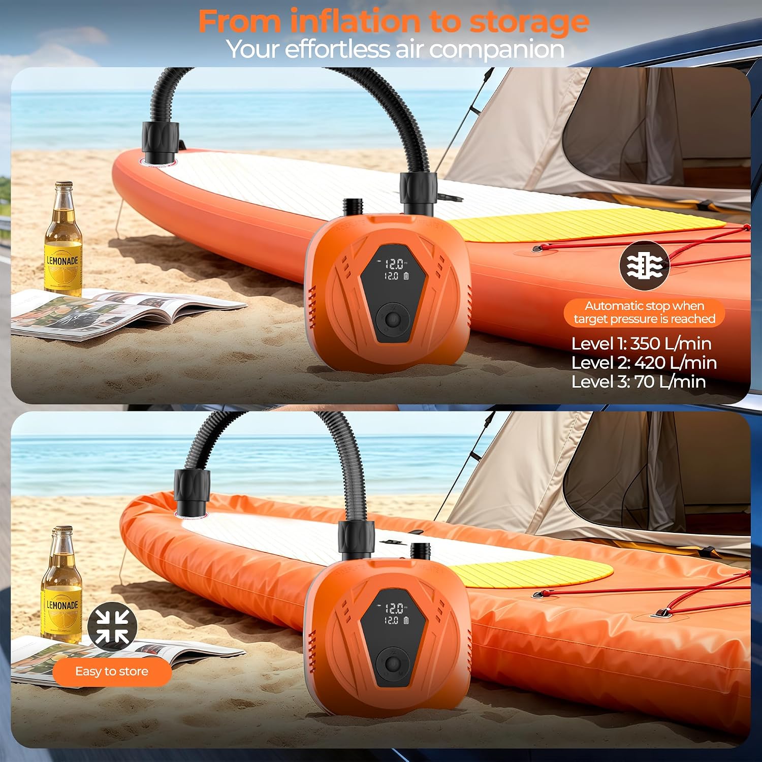Detalle de SUP Electric Air Pump with 50 PSI, 15600 mAh Battery, Dual Stage Auto Stop – Portable Inflator for Paddle Boards and Other Inflatables