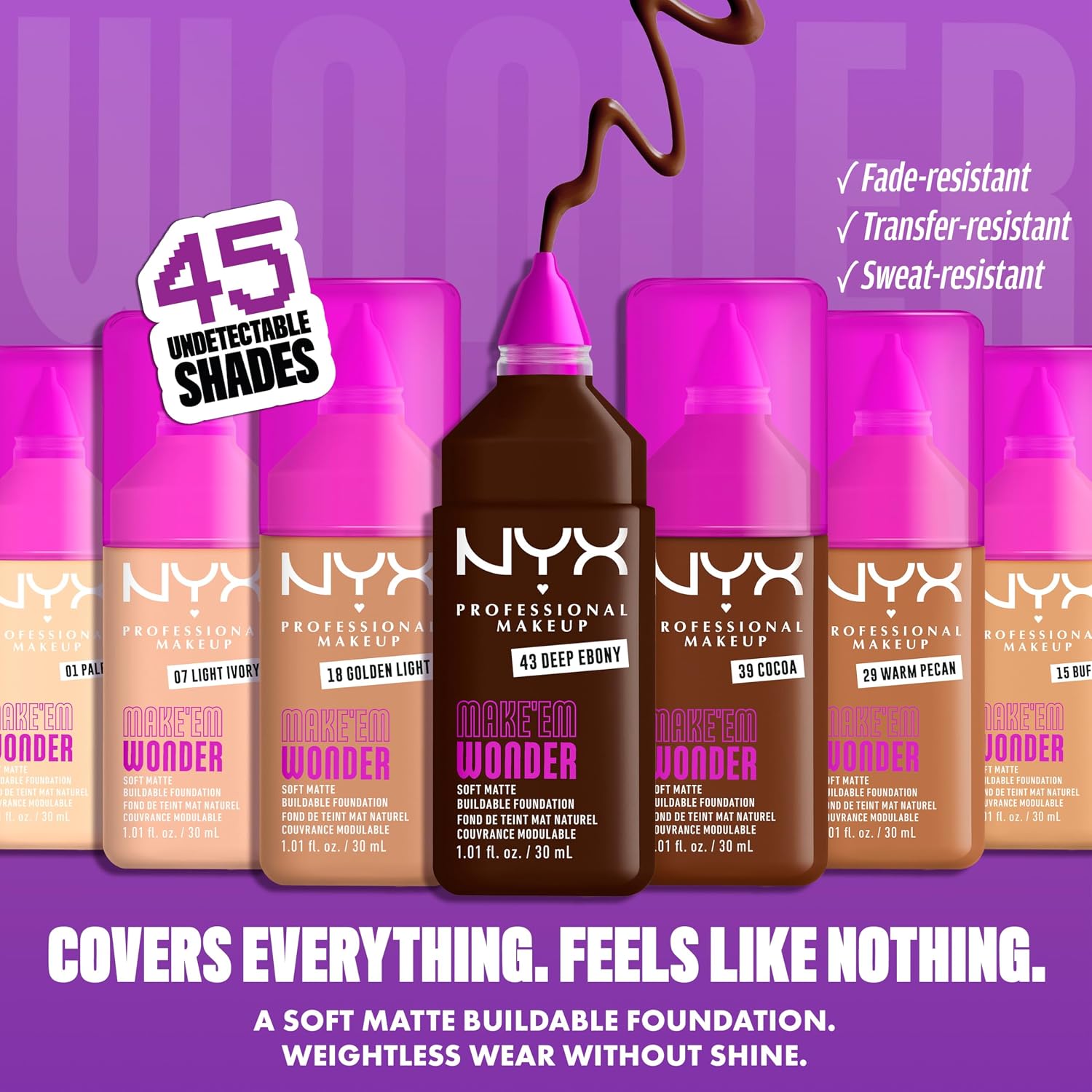 Detalle 2 de NYX Professional Makeup Make ’Em Wonder Fondotinta Soft Matte, Coprenza modulabile, Tenuta fino a 24H, Fair Porcelain (30 ml)