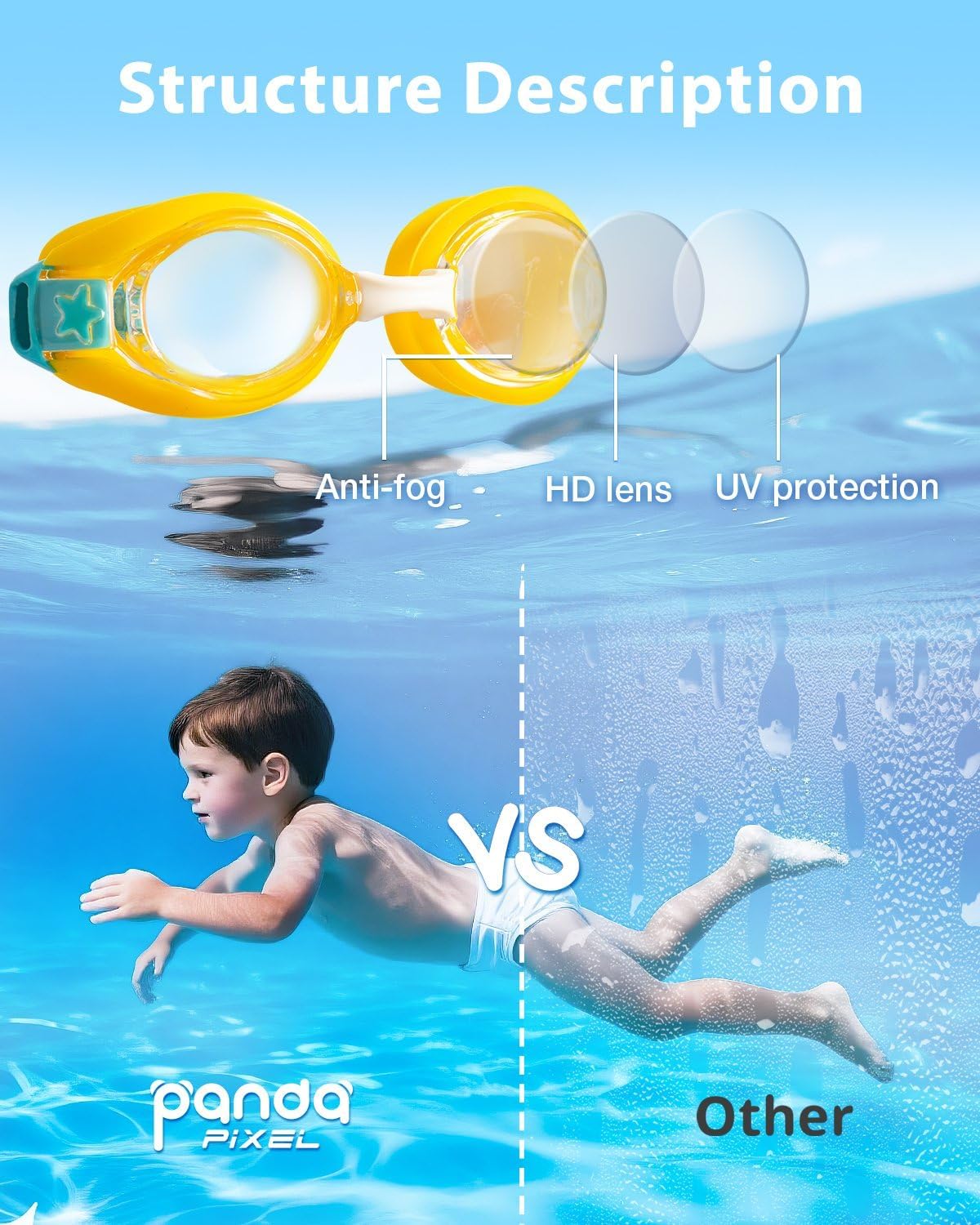 Detalle de Pixel Panda Kids Swim Goggles with Fabric Strap (Ages 3–12)