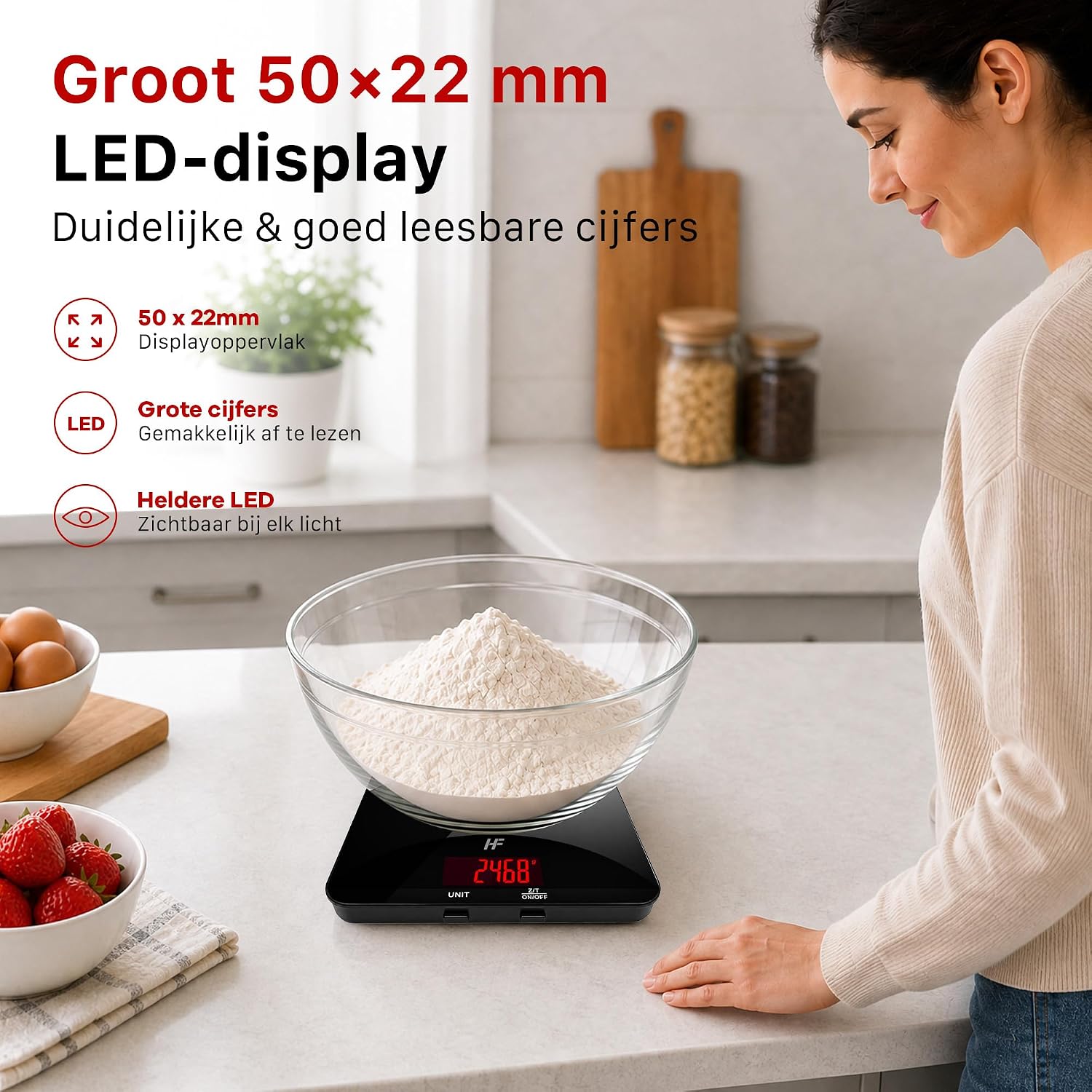 Detalle de HomeFashion grote digitale keukenweegschaal 20 kg, 1 g en glazen platform